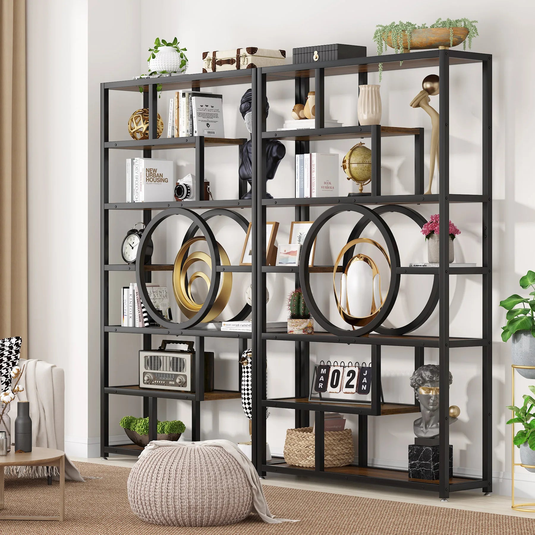 Industrial Etagere Bookcase with Curved Arc for Living Room — 71" Tall Freestanding