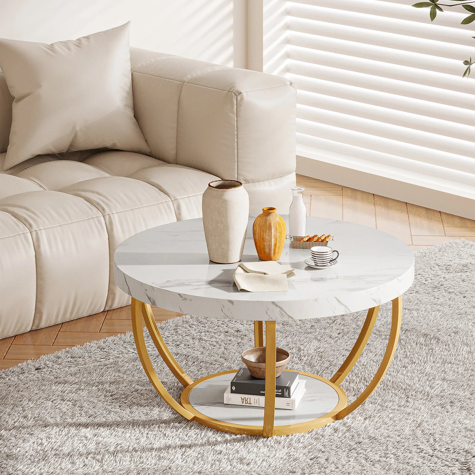 Round Industrial Coffee Table with Storage Shelf for Living Room — 31.7" Oak