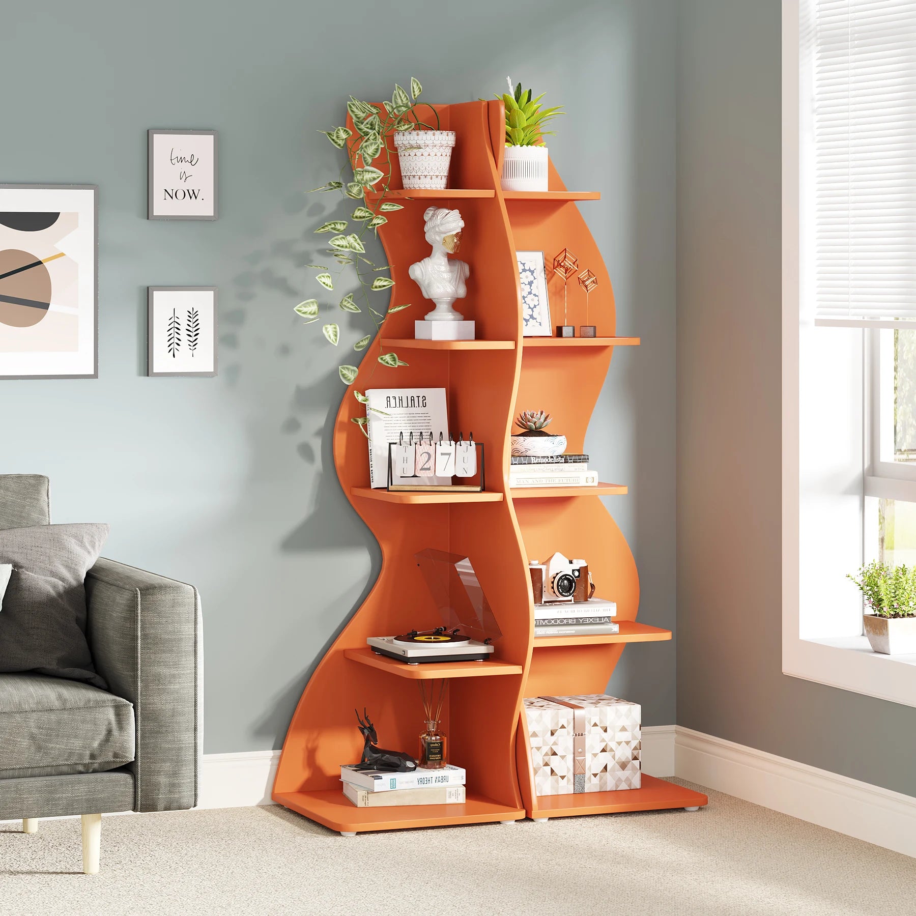 White Wave 5-Tier Corner Bookshelf with Curved Silhouette for Living Room — 65"H Floor Shelf
