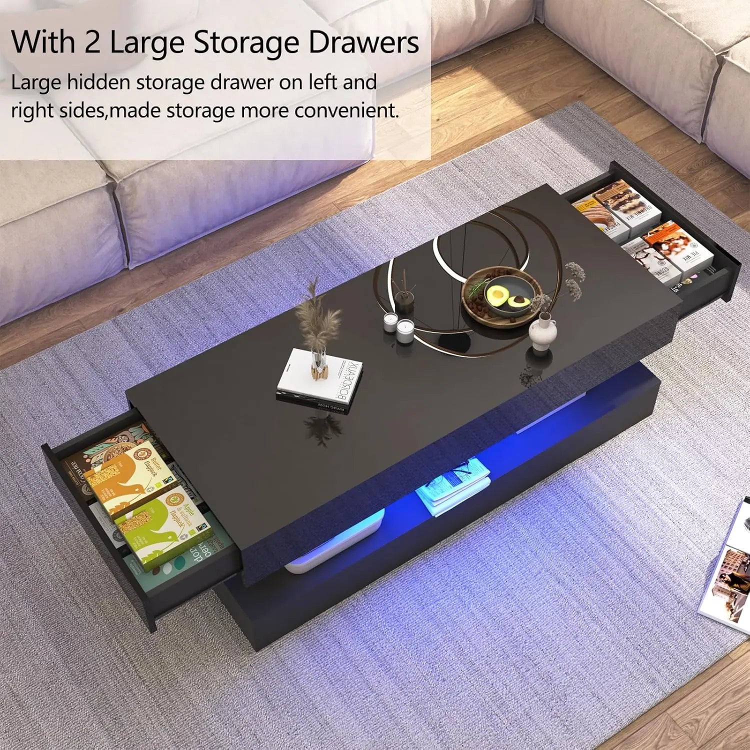 LED Coffee Table with Storage — Modern Faux Marble Coffee Table with Drawers for Living Room