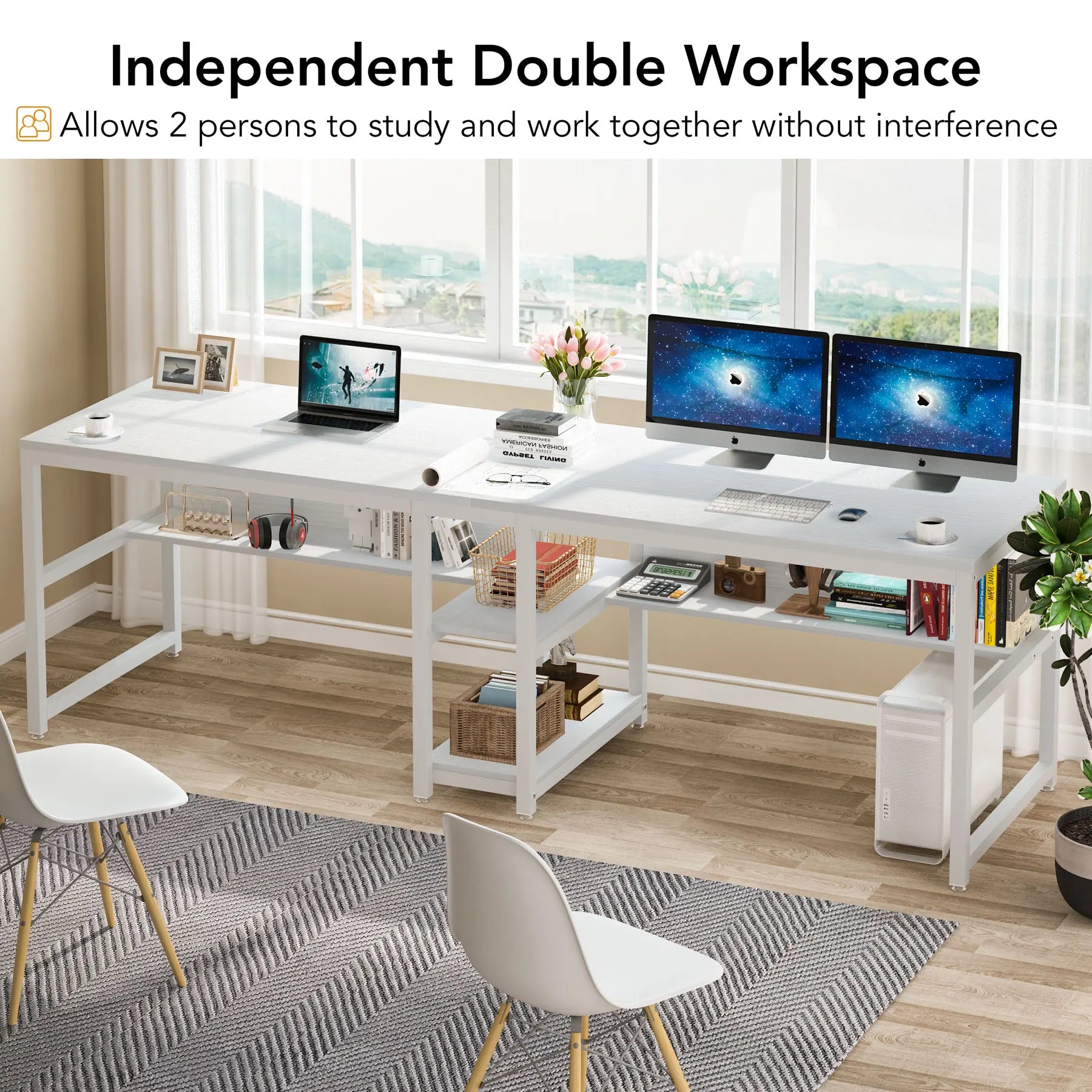 Rustic Two-Person Desk with Bookshelf for Home Office — 78.7in Double Workstation
