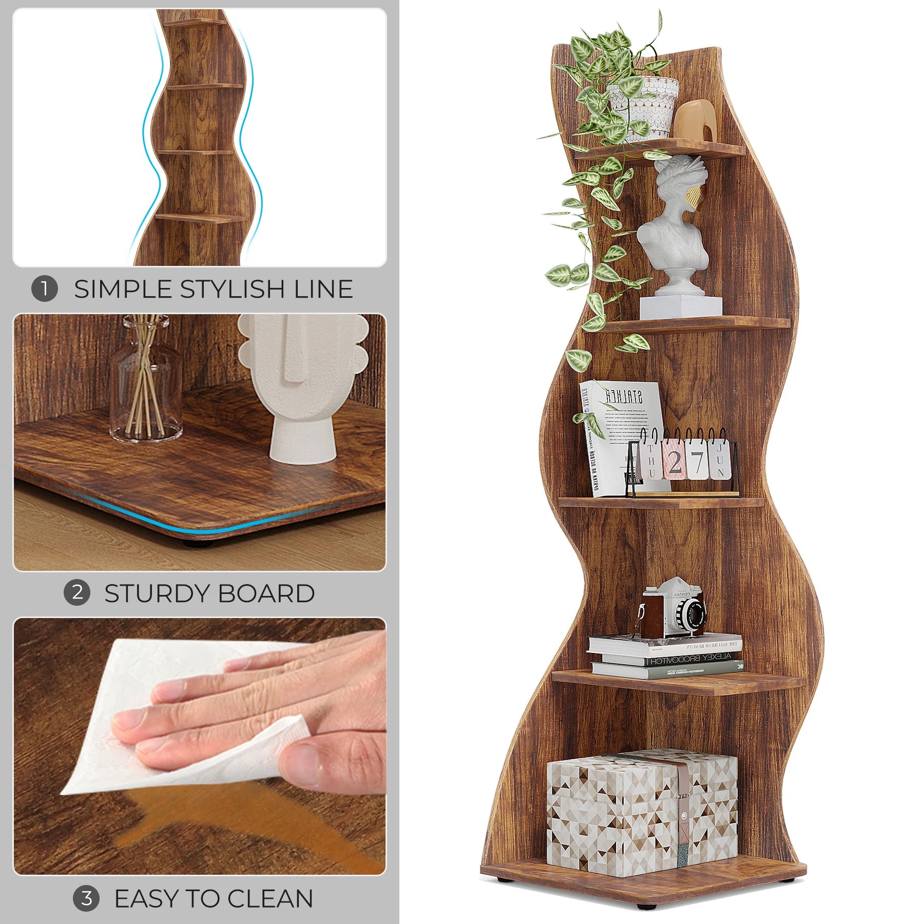 White Wave 5-Tier Corner Bookshelf with Curved Silhouette for Living Room — 65"H Floor Shelf