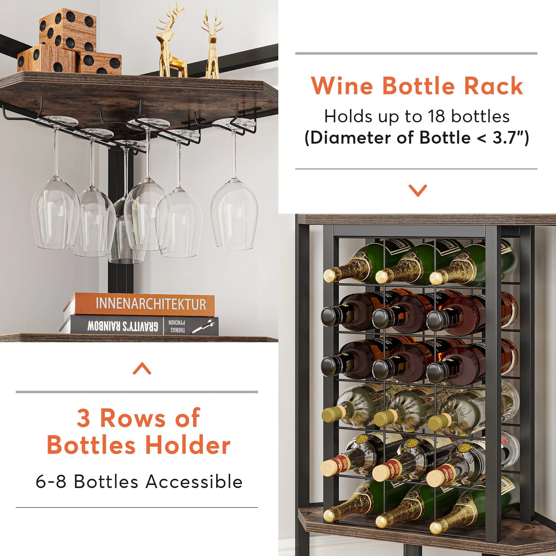 Industrial Wine Bakers Rack, 20-Bottle Freestanding Wine Rack with Glass Holder & Storage Shelves