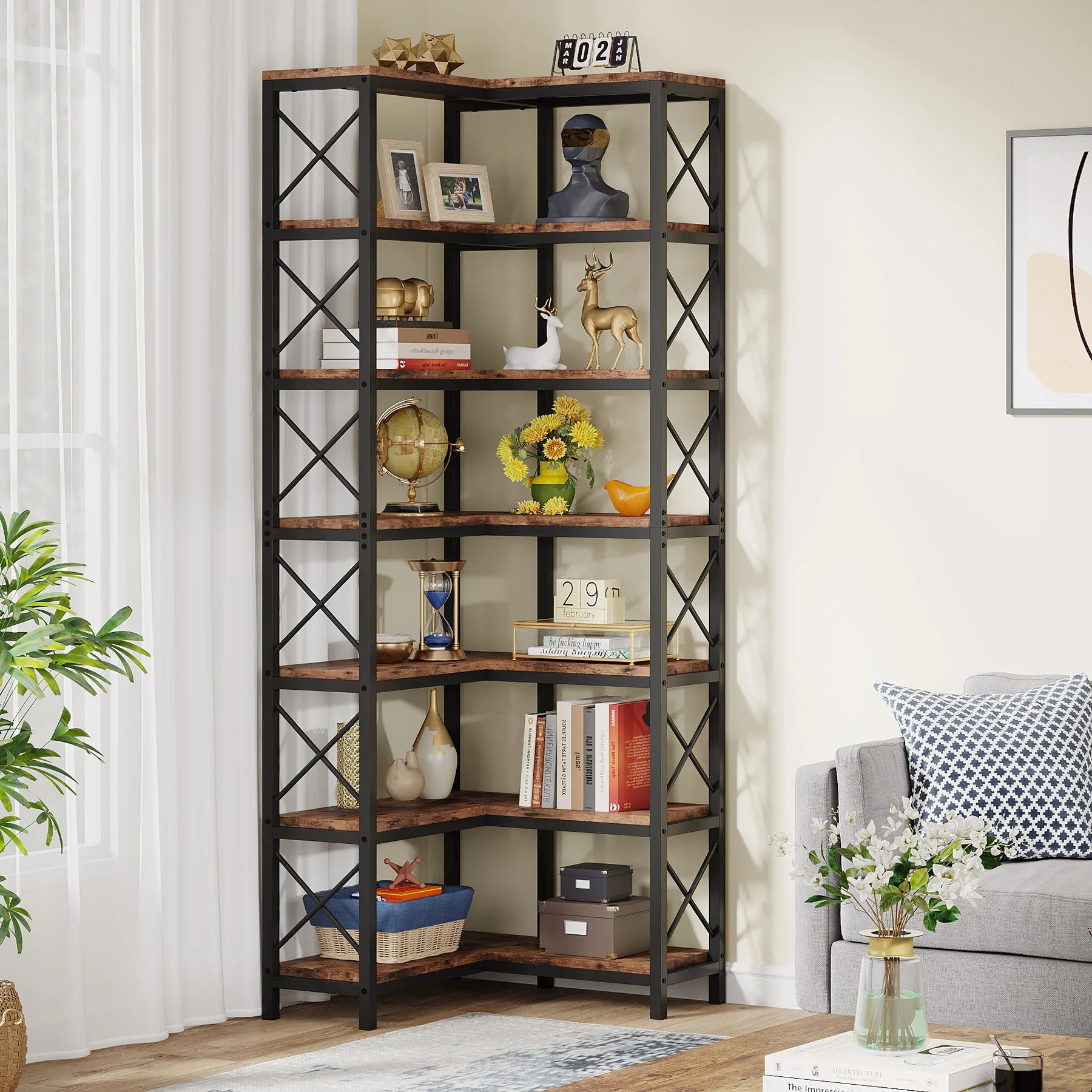 Industrial Corner Bookcase with 7 Shelves and Black Metal Frame for Living Room — 71" Tall