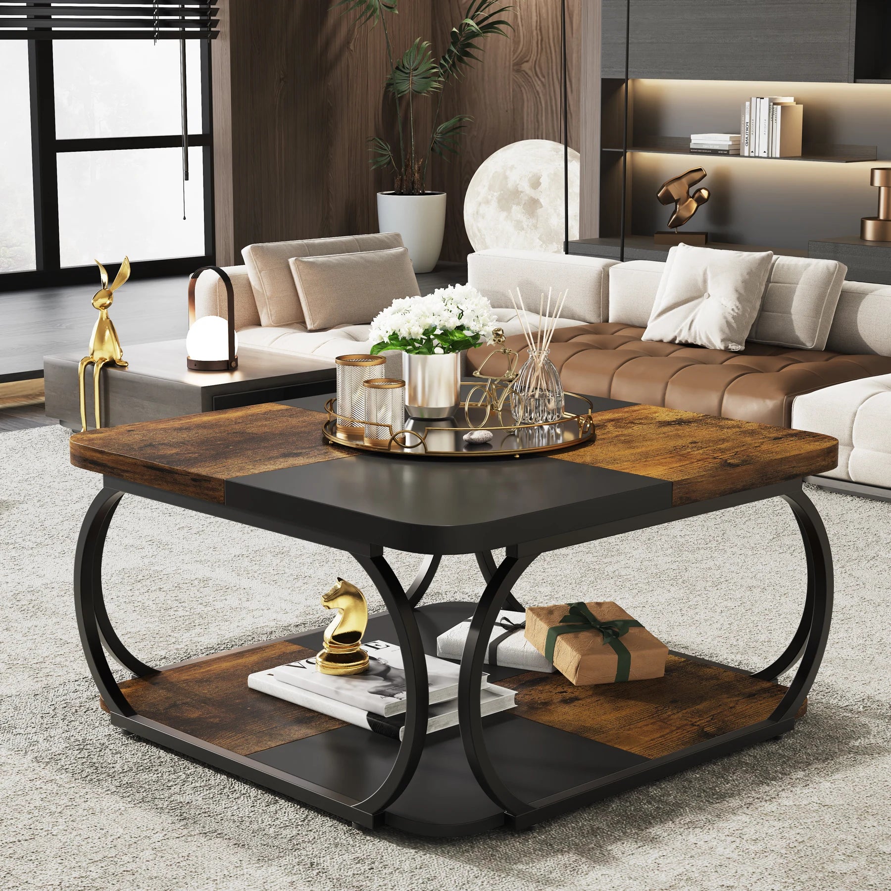 Two-Tone Wood Coffee Table with Storage Shelf for Living Room — 40in Square, Curved Metal Frame