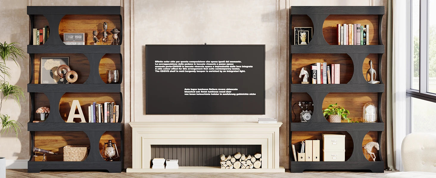 Two-Tone Curved Bookcase with Sculptural Cutout Shelves for Living Room — 71" Tall, 4 Tiers
