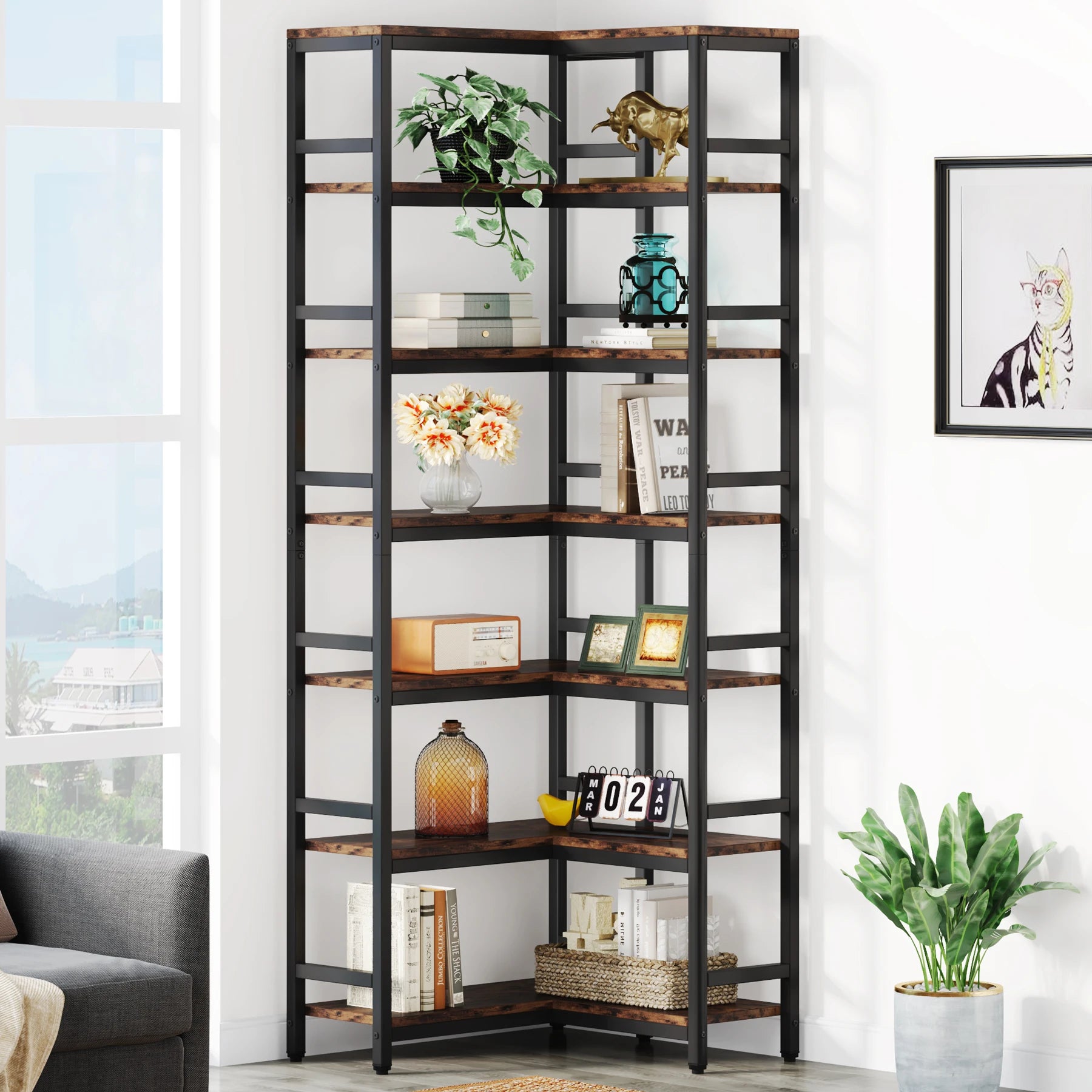 Industrial Corner Bookcase with 7 Shelves and Black Metal Frame for Living Room — 71" Tall