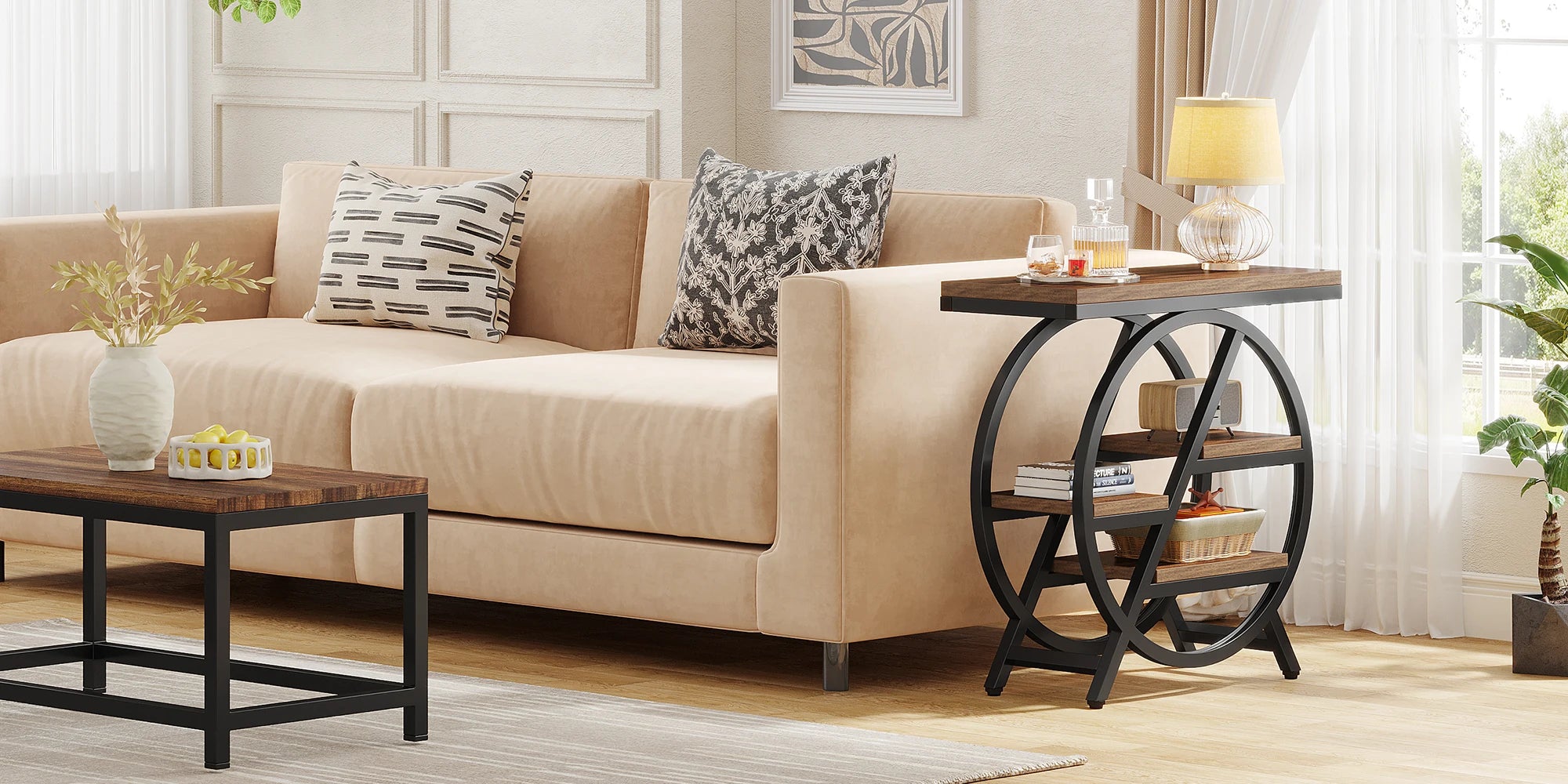 Rustic Wood 3-Tier Side Table with Round Metal Frame for Living Room — Narrow