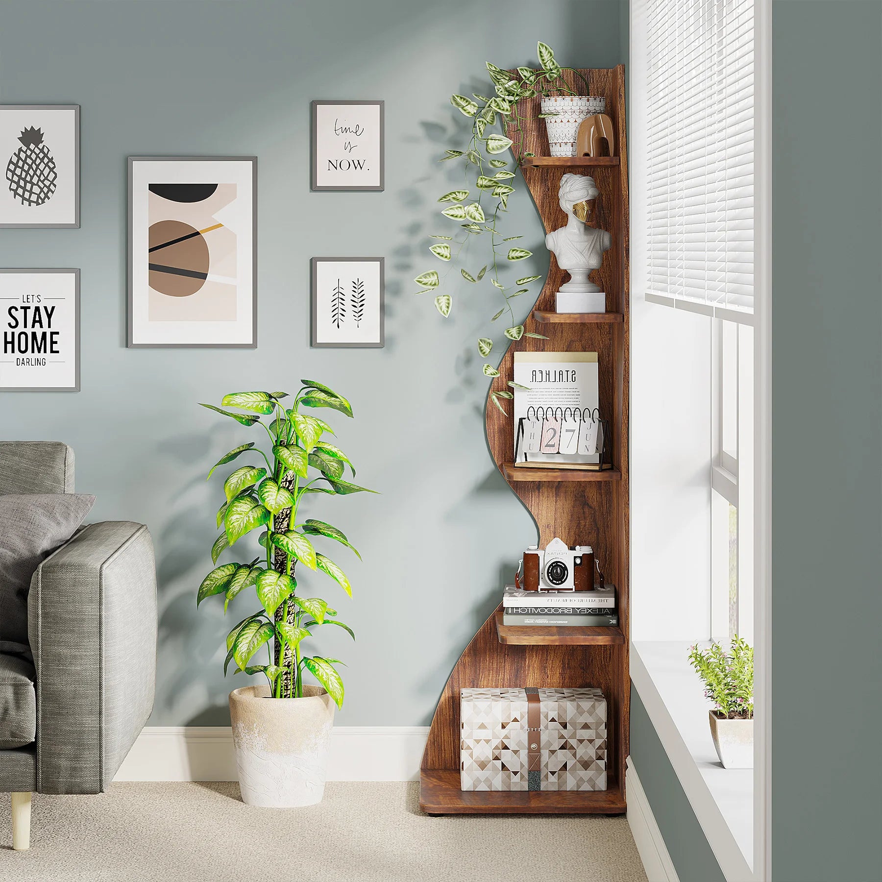 White Wave 5-Tier Corner Bookshelf with Curved Silhouette for Living Room — 65"H Floor Shelf