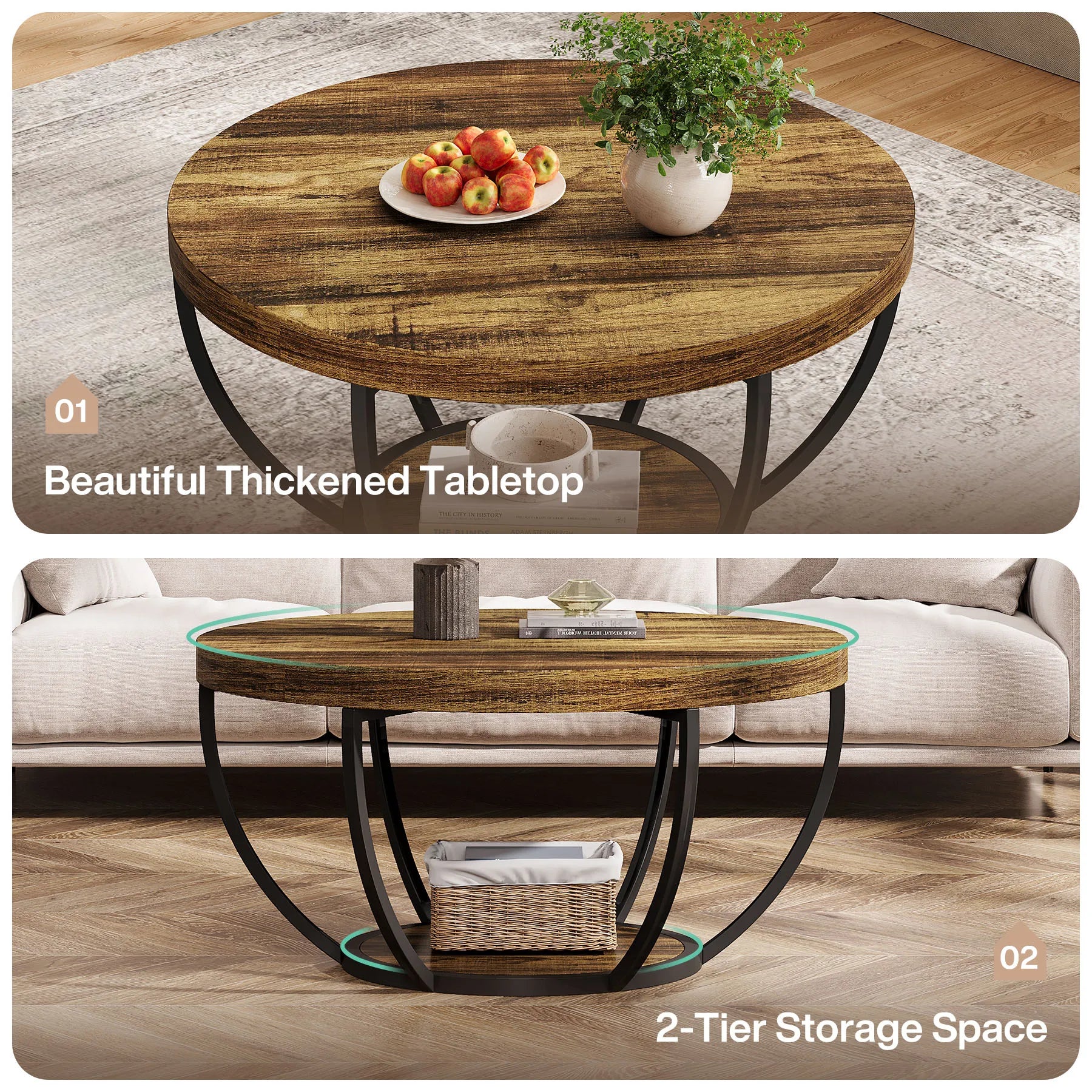 Round Industrial Coffee Table with Storage Shelf for Living Room — 31.7" Oak