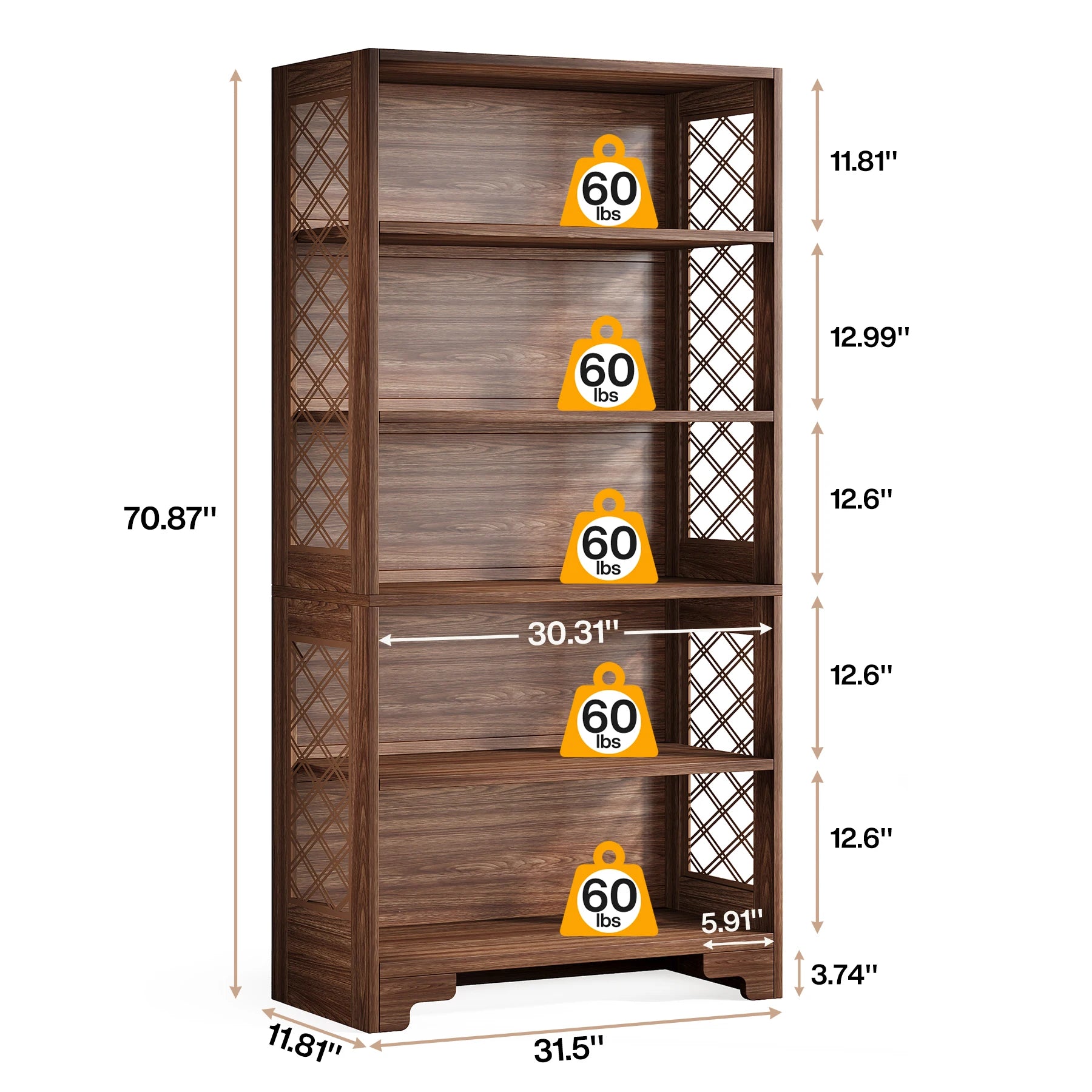 Industrial 6-Tier Bookcase with X-Frame for Living Room — 71in Tall Open Bookshelf