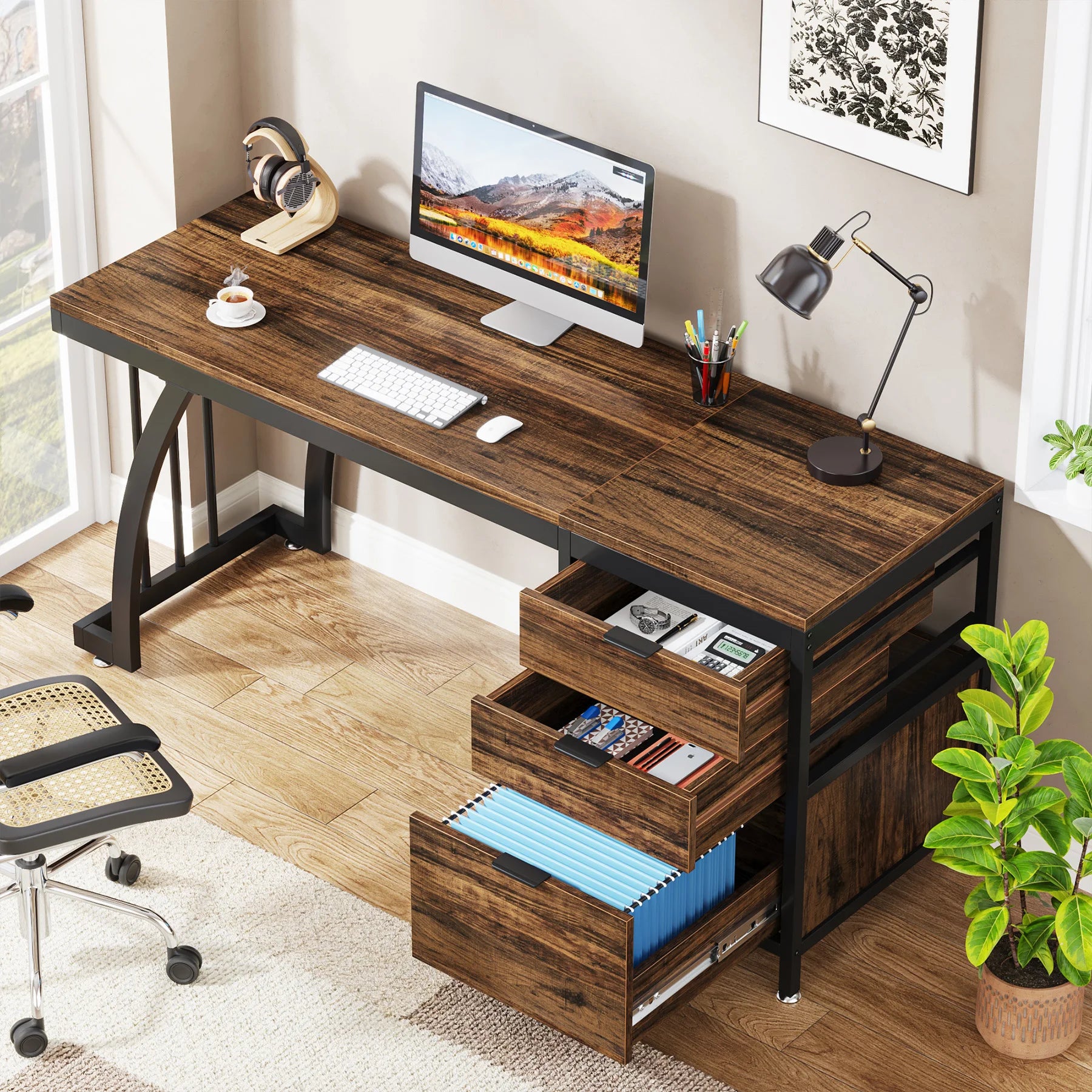 Industrial Computer Desk with 3 Drawers for Home Office — 59in Writing Table