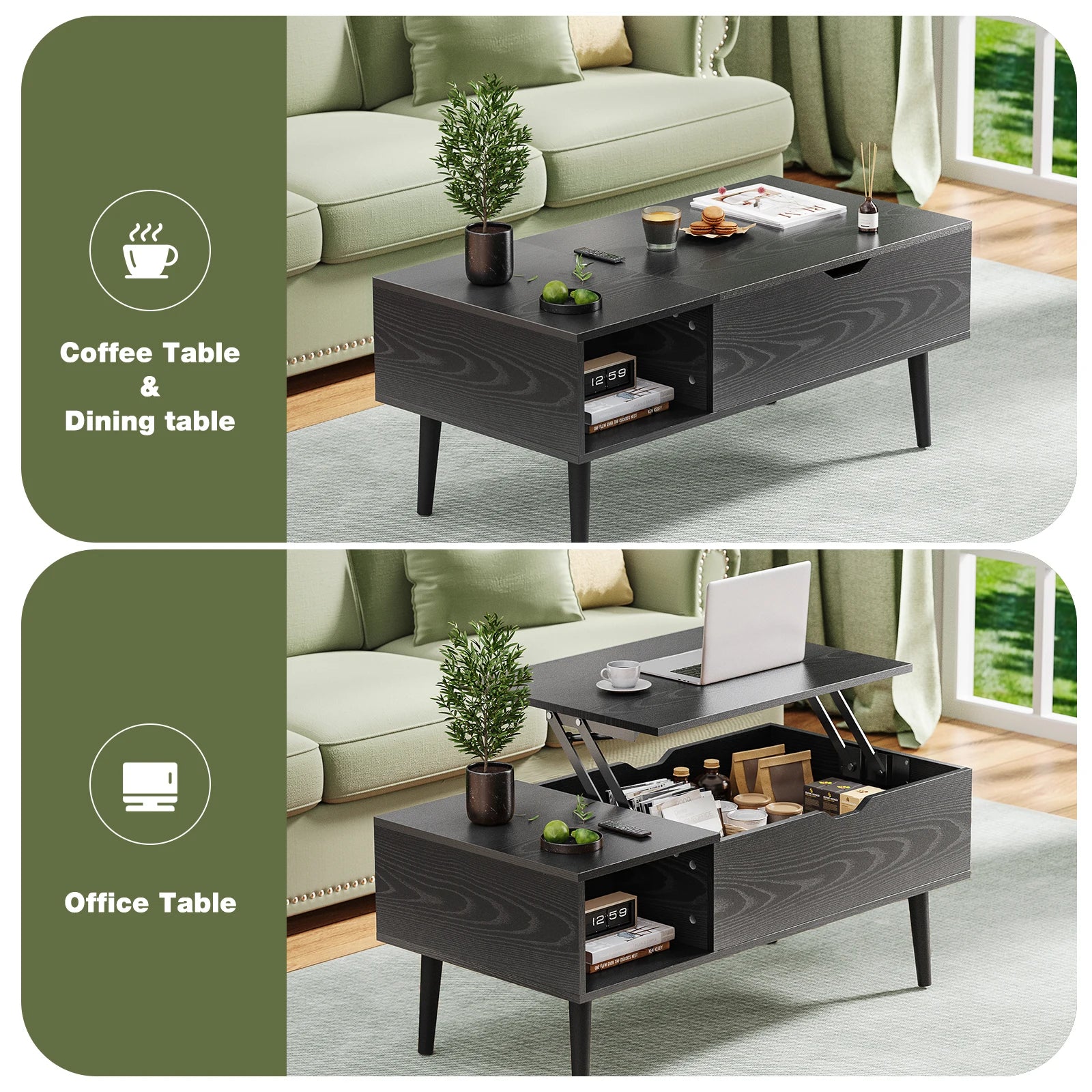 Mid-Century Lift-Top Coffee Table with Hidden Storage for Living Room — 39"W
