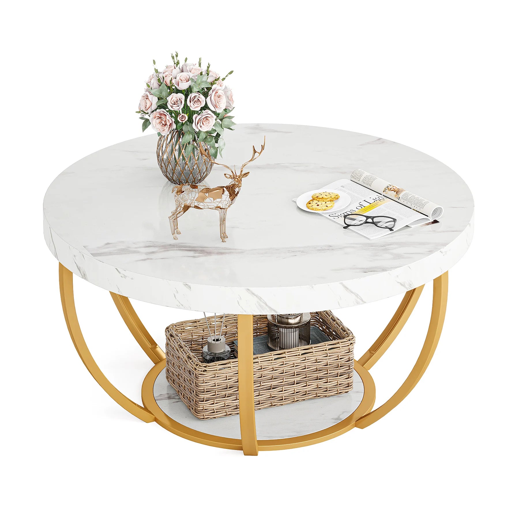 Round Industrial Coffee Table with Storage Shelf for Living Room — 31.7" Oak