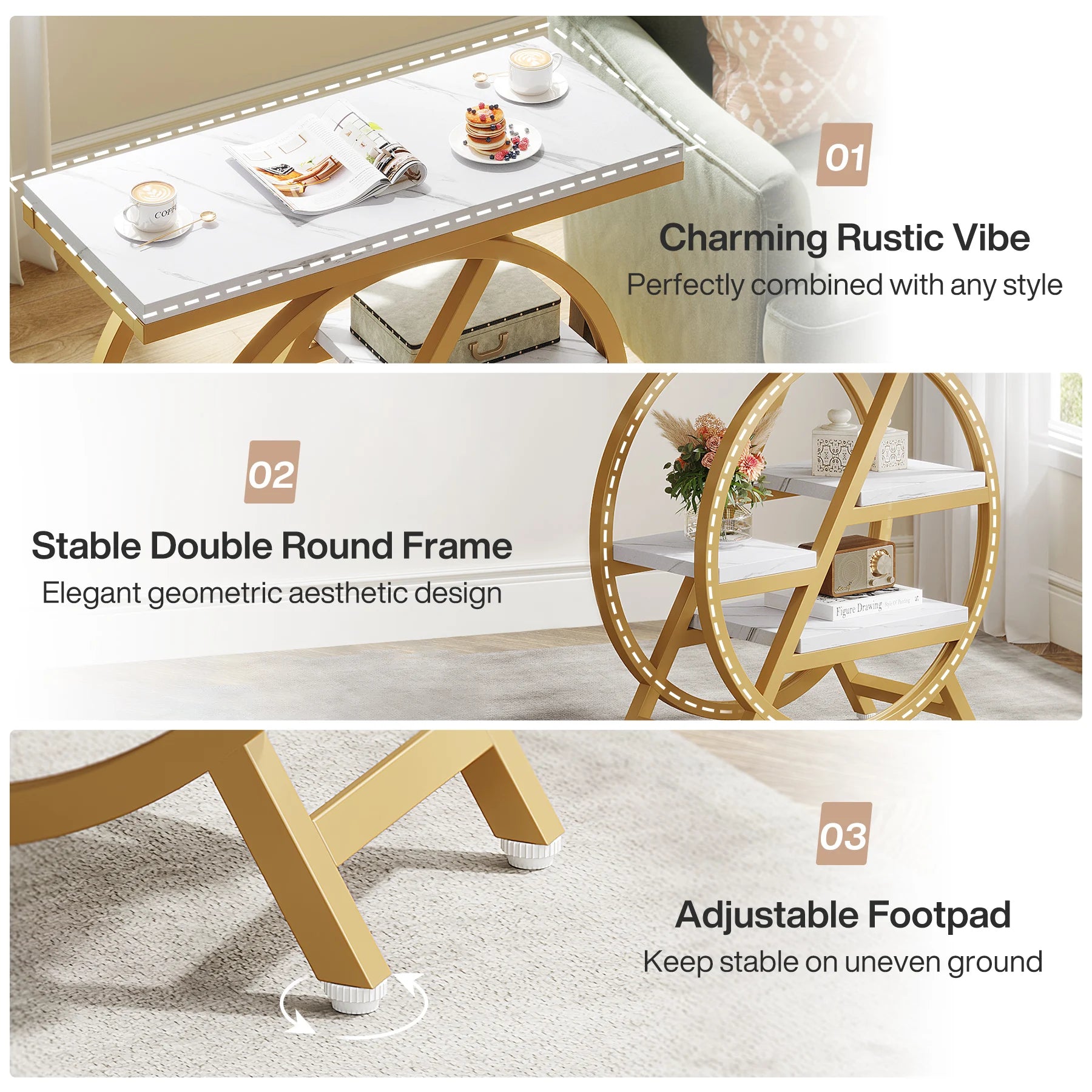 Rustic Wood 3-Tier Side Table with Round Metal Frame for Living Room — Narrow