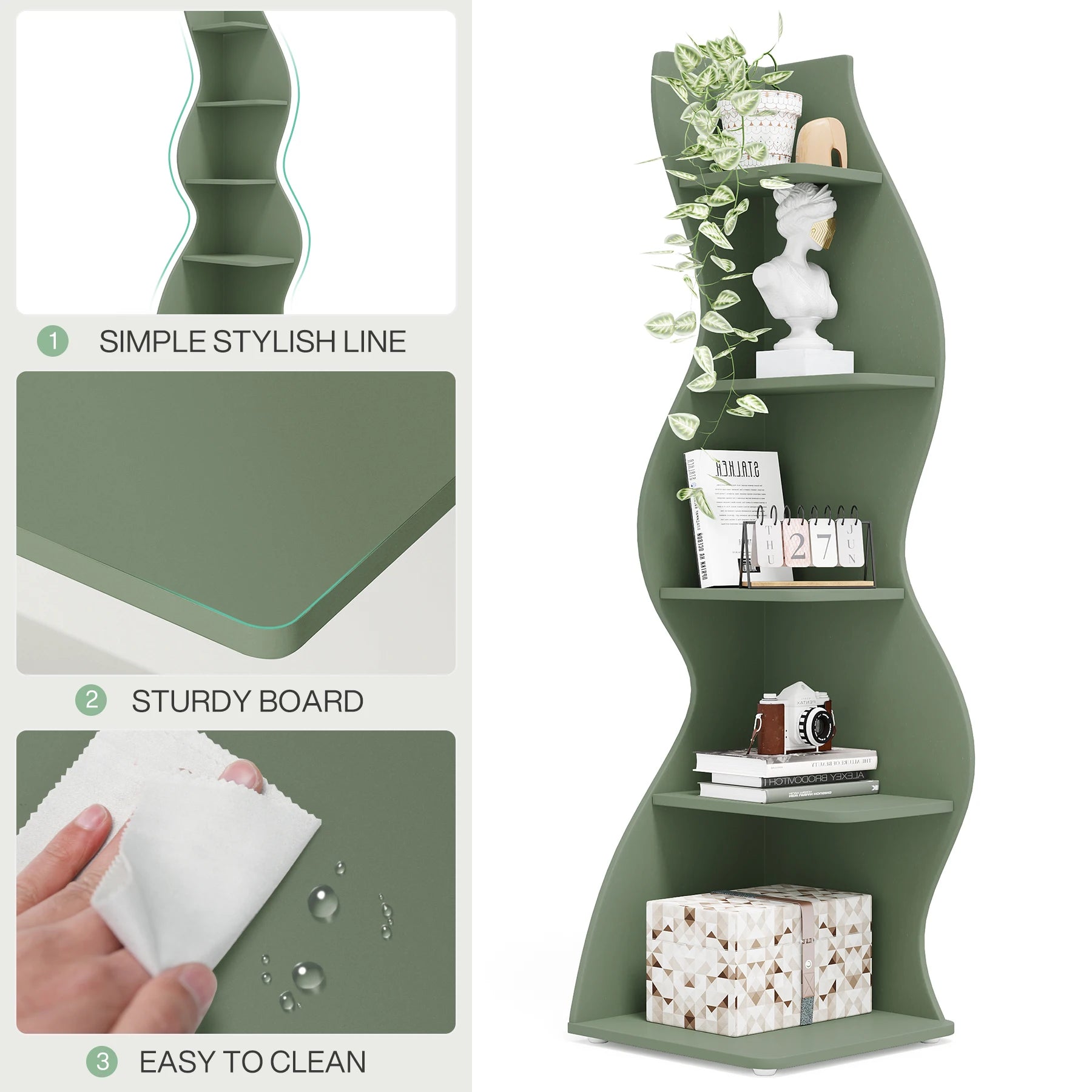 White Wave 5-Tier Corner Bookshelf with Curved Silhouette for Living Room — 65"H Floor Shelf