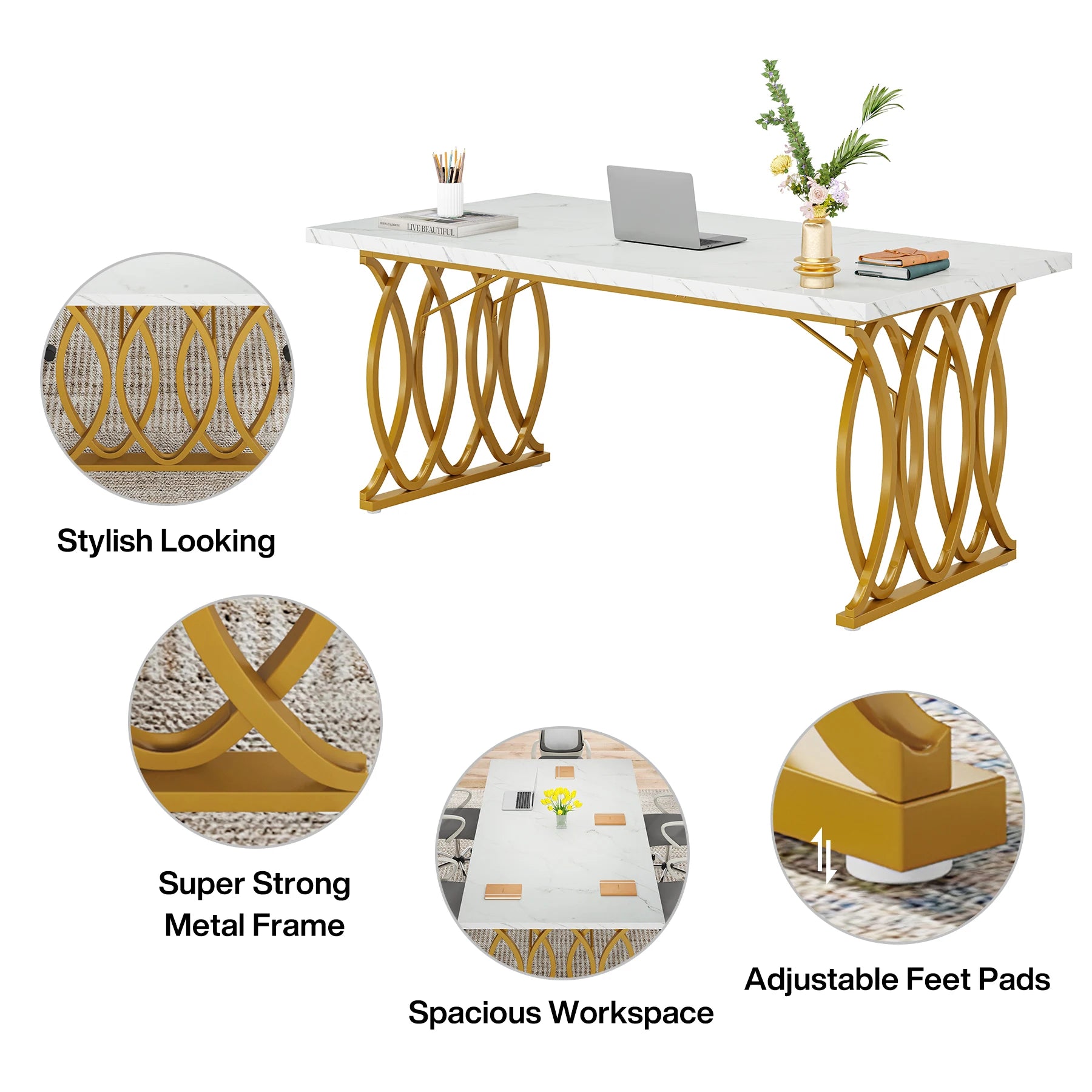 White Executive Desk with Gold Metal Legs for Home Office — 70.9"