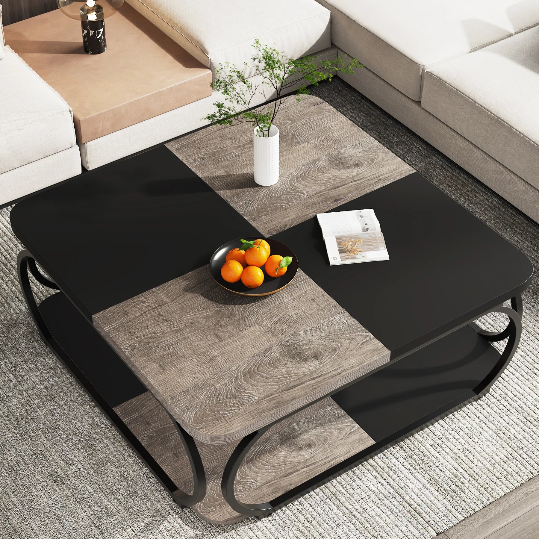 Two-Tone Wood Coffee Table with Storage Shelf for Living Room — 40in Square, Curved Metal Frame