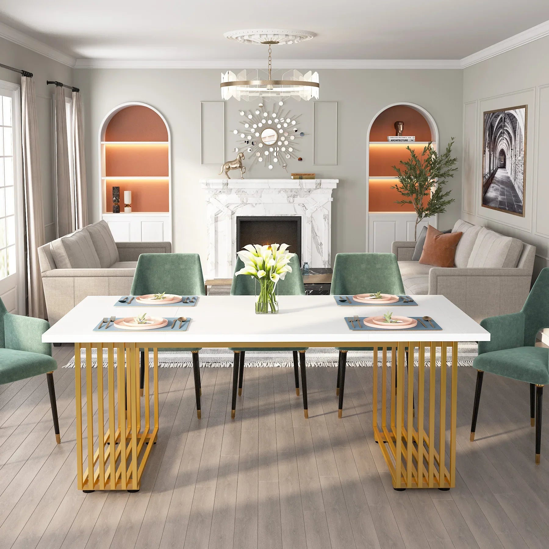 White Executive Desk with Gold Metal Legs for Home Office — 70.9"