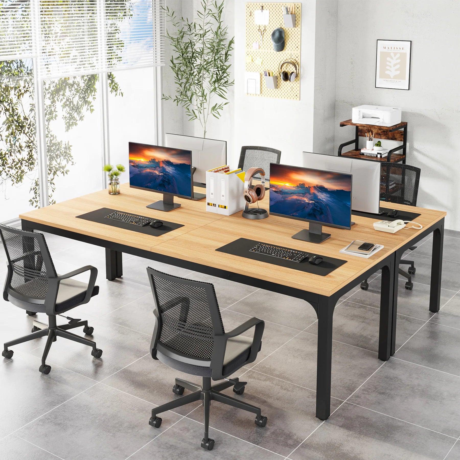 Industrial Wood Computer Desk with Steel Frame for Two-Person Home Office — 78.7"