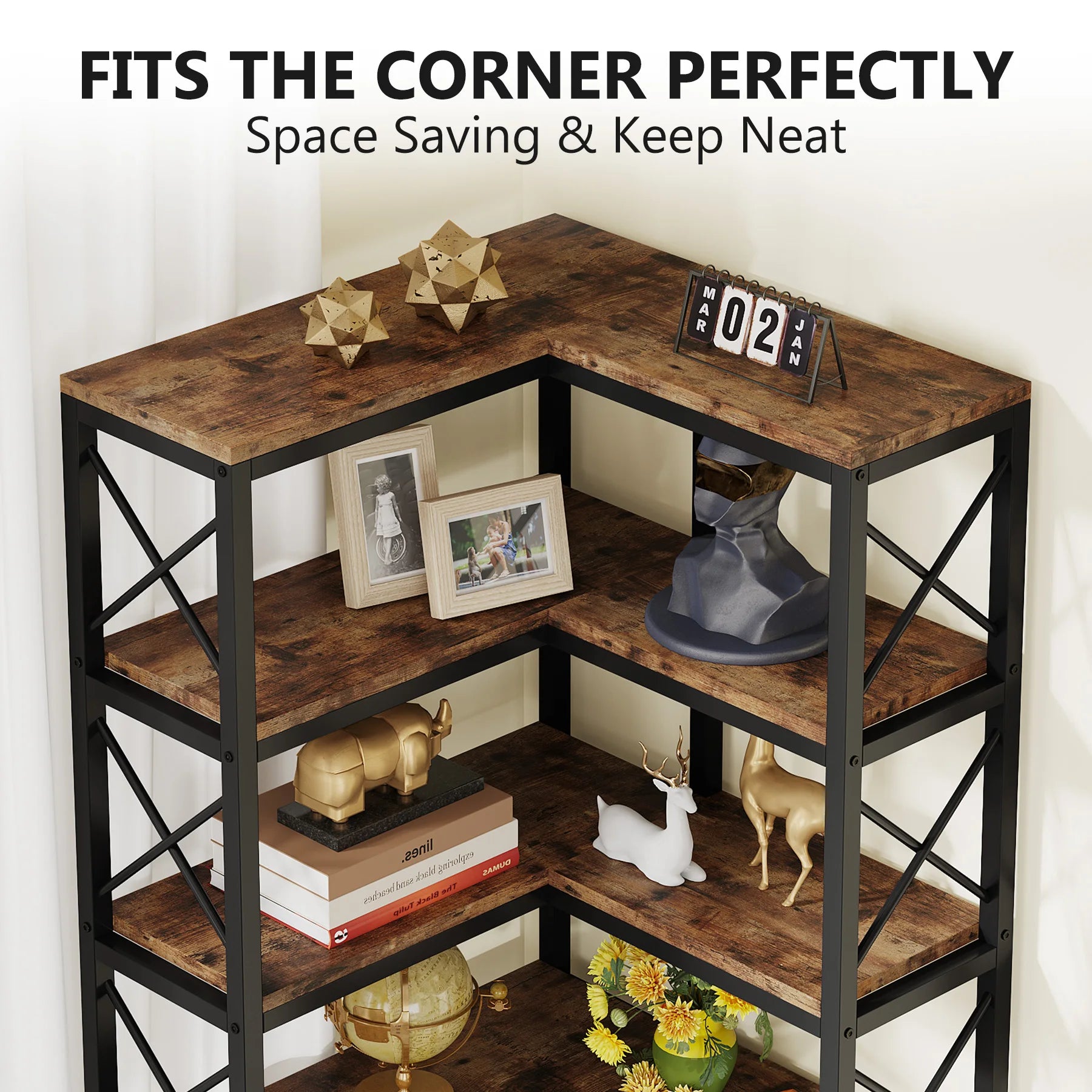 Industrial Corner Bookcase with 7 Shelves and Black Metal Frame for Living Room — 71" Tall