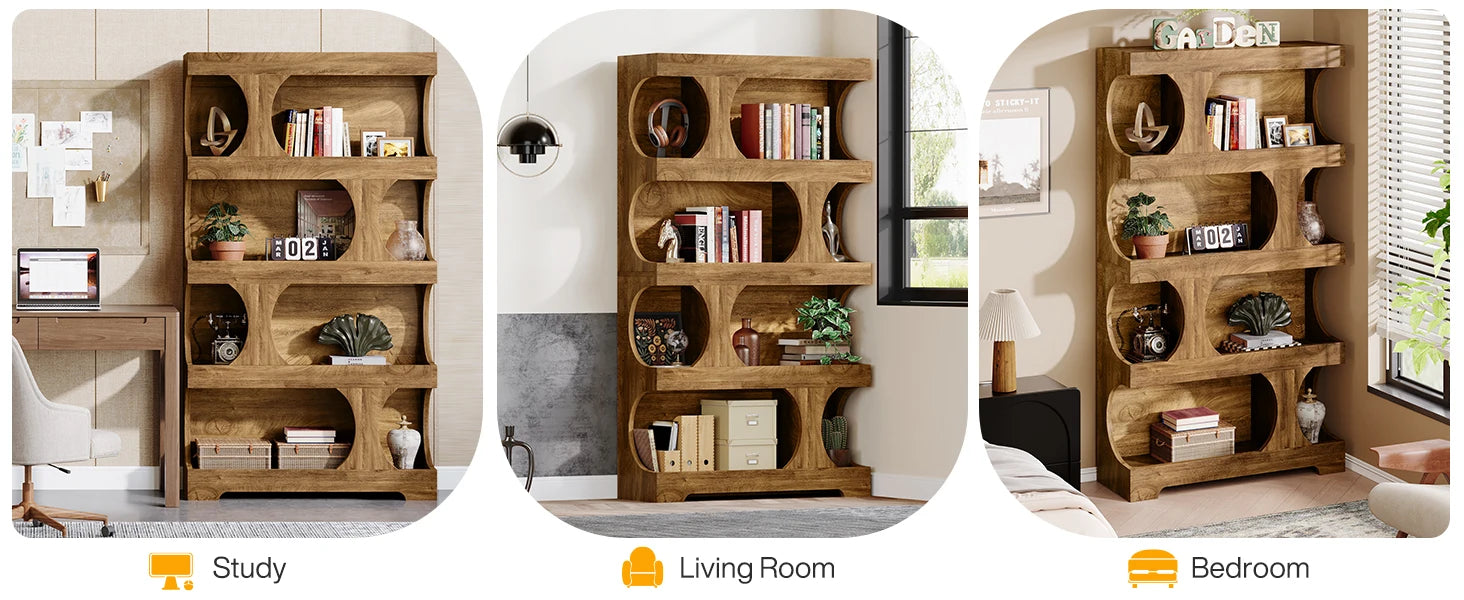 Two-Tone Curved Bookcase with Sculptural Cutout Shelves for Living Room — 71" Tall, 4 Tiers