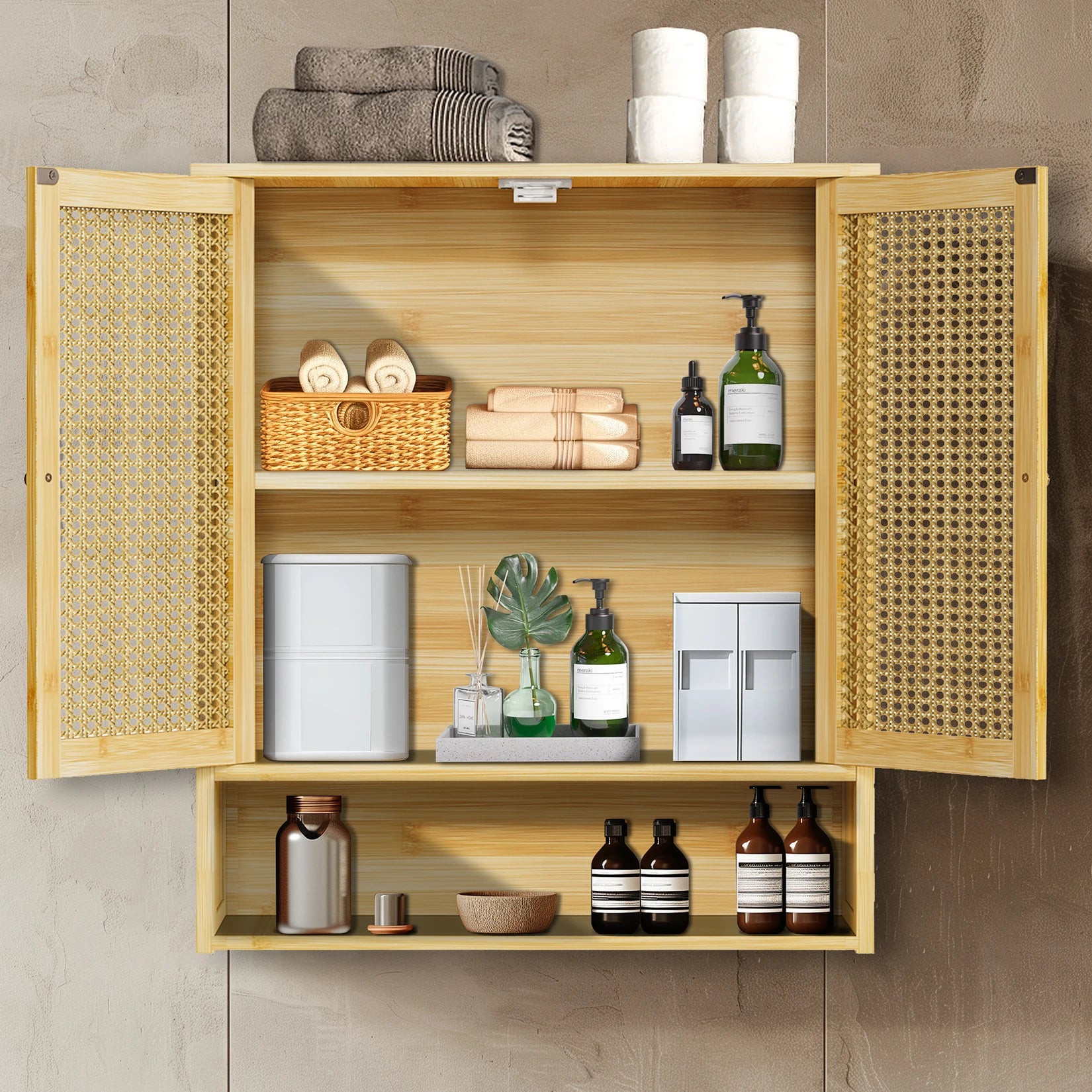 Natural Rattan Wall-Mounted Bathroom Cabinet with Cane Doors and Open Shelf for Bath — 23"H