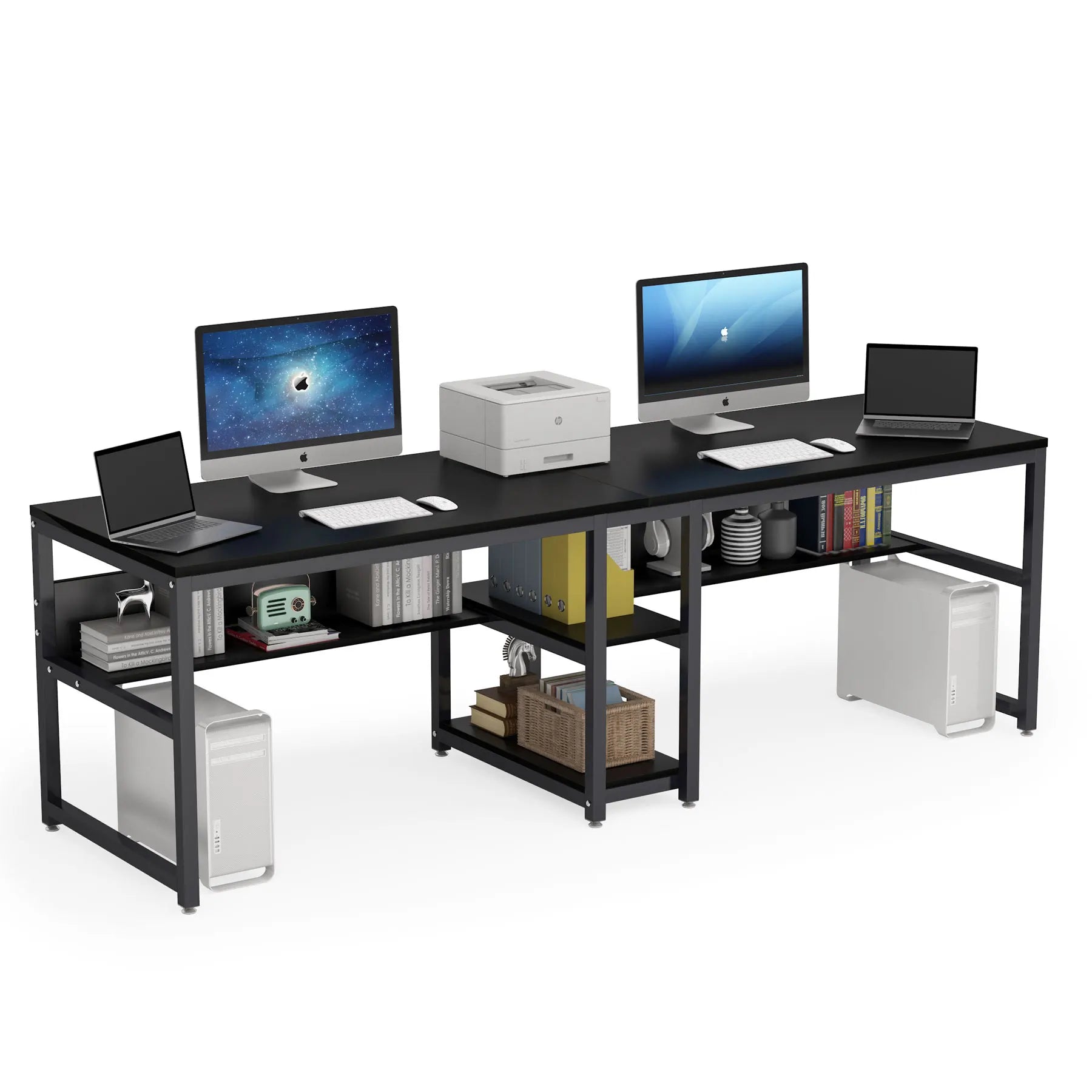 Rustic Two-Person Desk with Bookshelf for Home Office — 78.7in Double Workstation