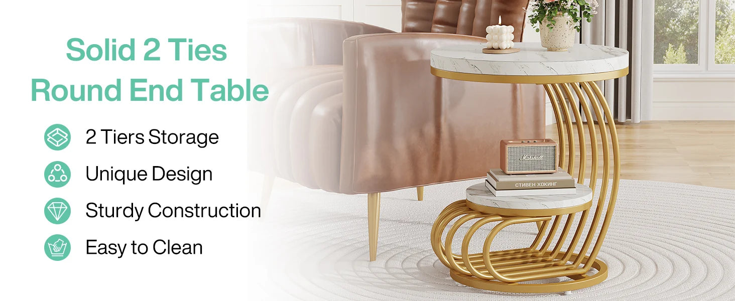 Gold Round Side Table with Faux-Marble Tiers for Living Room — 20-inch Sculptural Accent Table