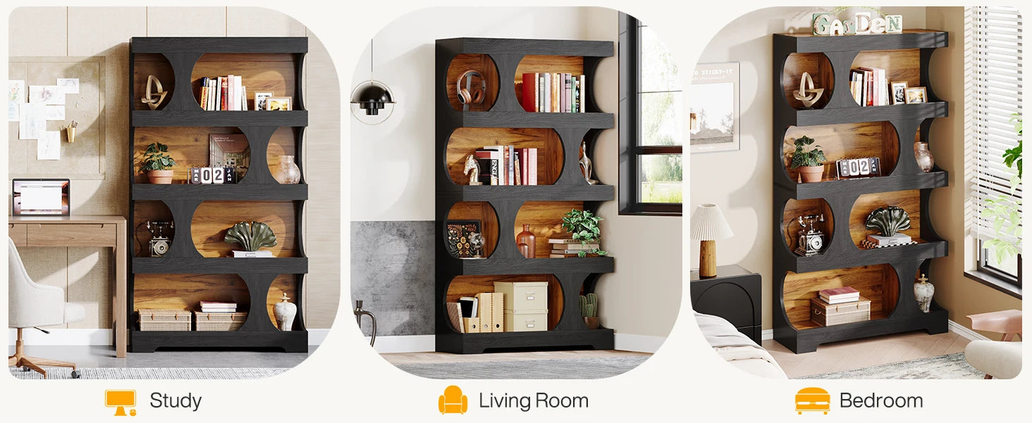 Two-Tone Curved Bookcase with Sculptural Cutout Shelves for Living Room — 71" Tall, 4 Tiers