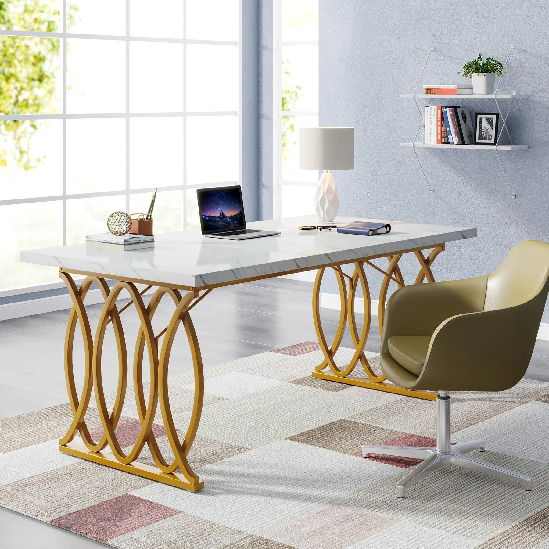 White Executive Desk with Gold Metal Legs for Home Office — 70.9"