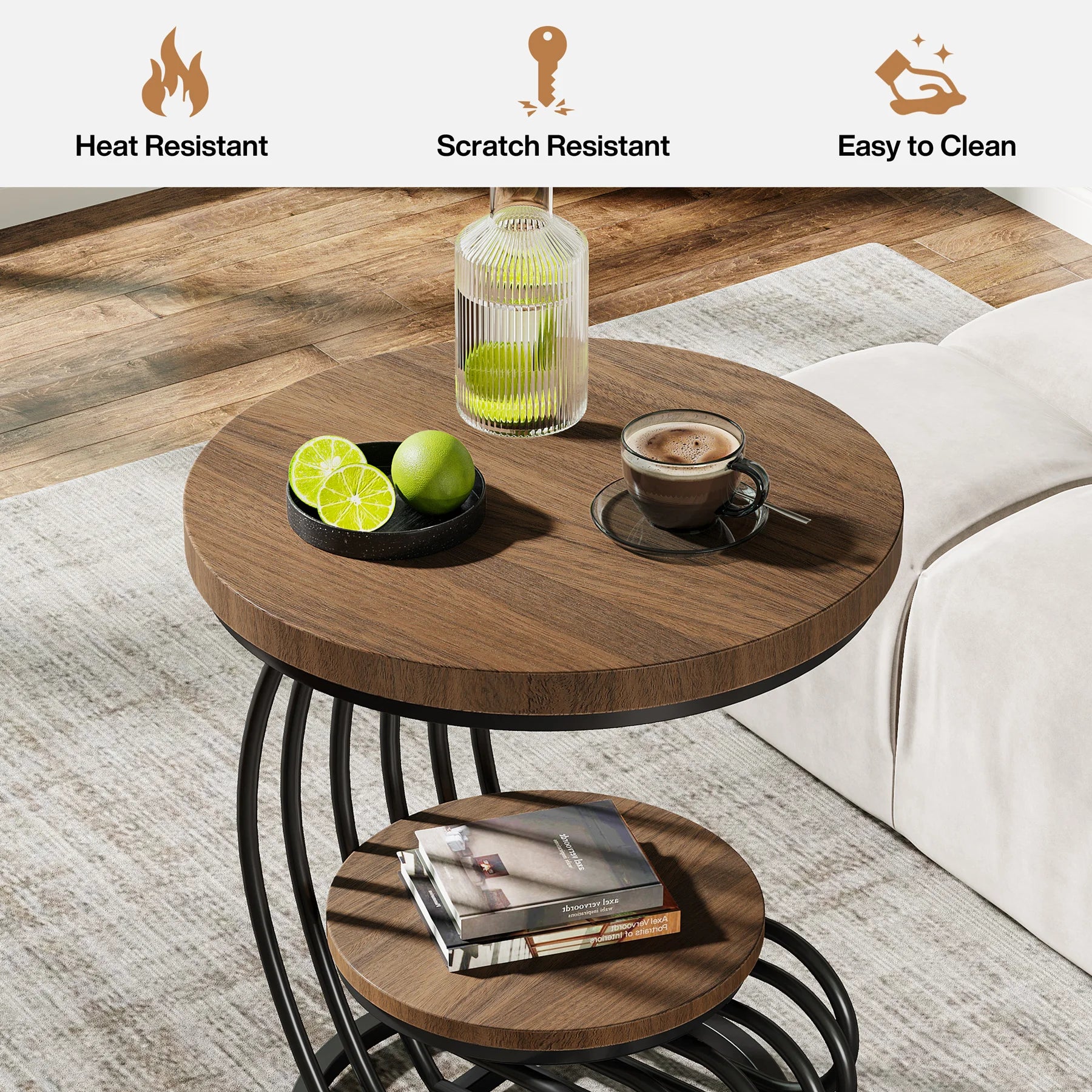 Gold Round Side Table with Faux-Marble Tiers for Living Room — 20-inch Sculptural Accent Table