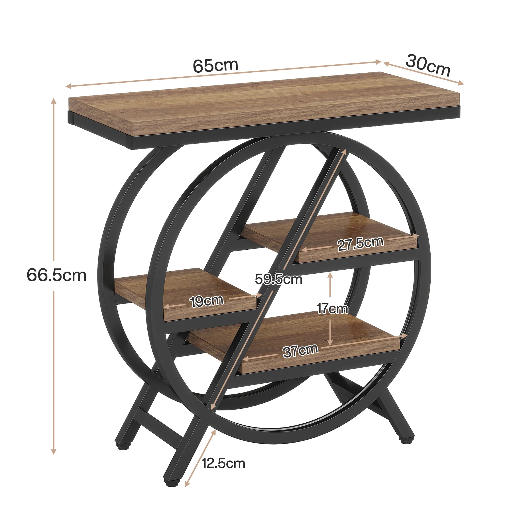 Rustic Wood 3-Tier Side Table with Round Metal Frame for Living Room — Narrow