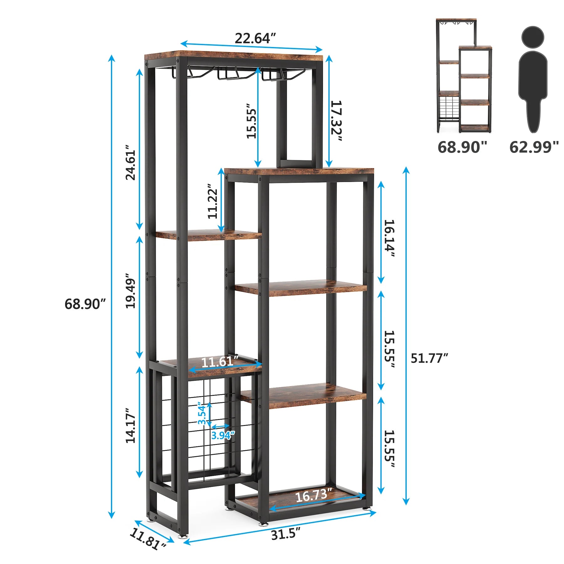 Industrial Wine Bakers Rack, 20-Bottle Freestanding Wine Rack with Glass Holder & Storage Shelves