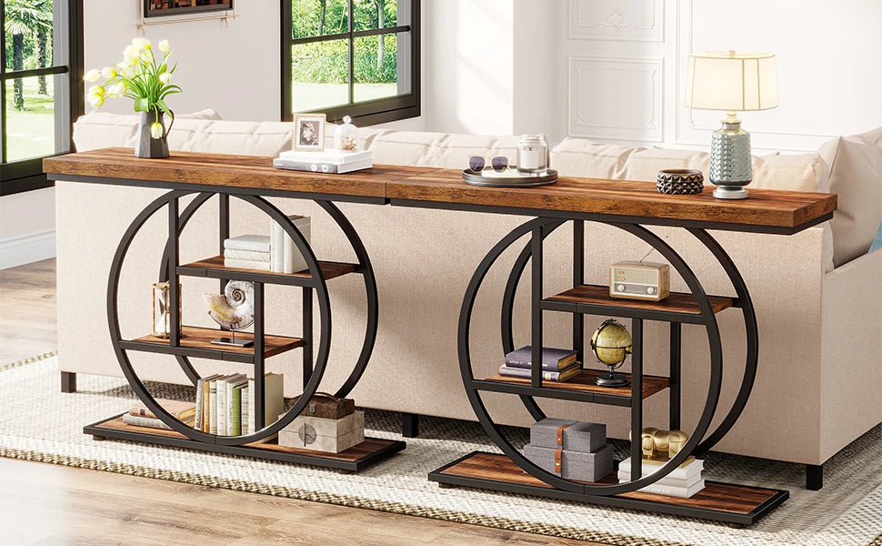 Rustic Wood 4-Tier Console Table with Round Metal Frame for Entryway — 41.3in