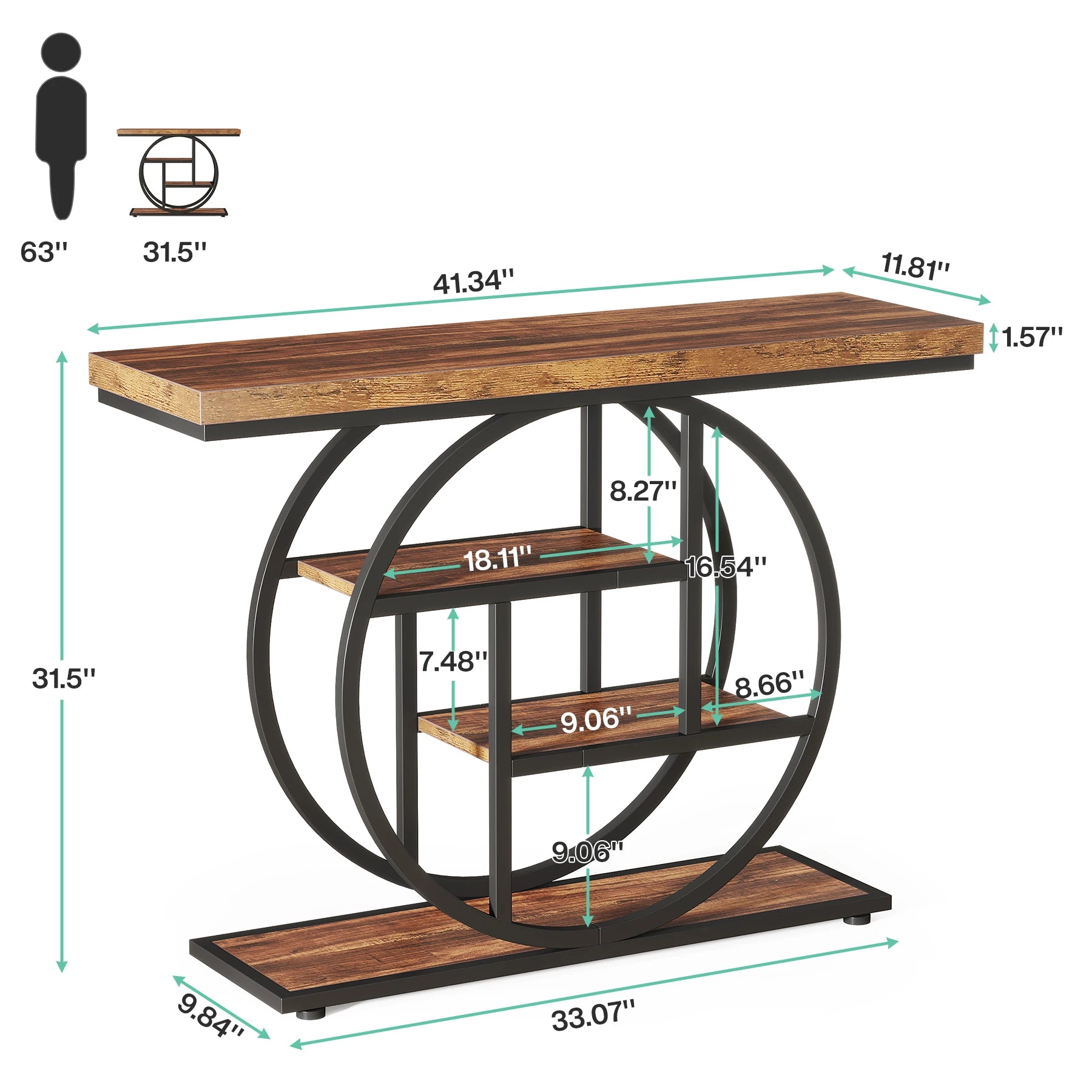 Rustic Wood 4-Tier Console Table with Round Metal Frame for Entryway — 41.3in