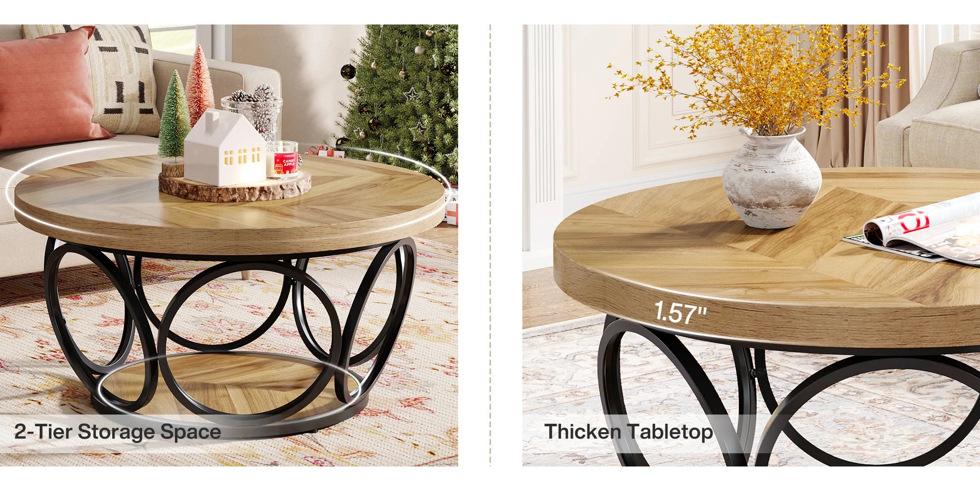 Round Industrial Coffee Table with Storage Shelf for Living Room — 31.7" Oak