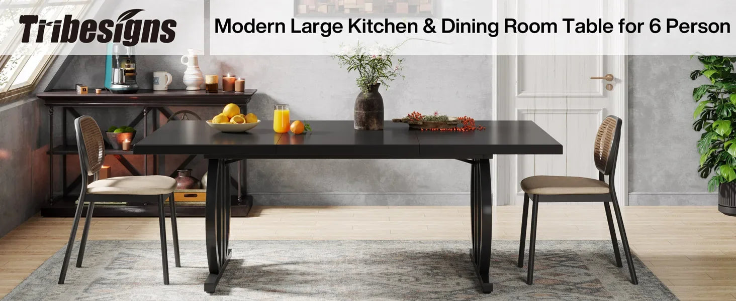 Modern Black 63" Dining Table with Curved Metal Pedestal Base for Kitchen — Seats 6