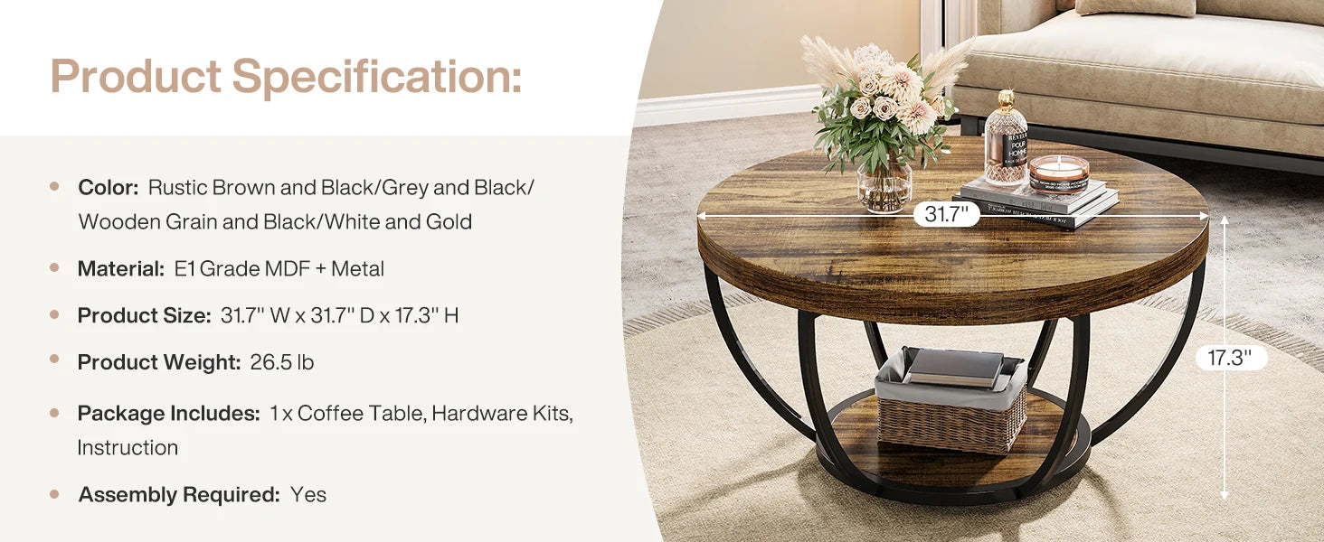 Round Industrial Coffee Table with Storage Shelf for Living Room — 31.7" Oak