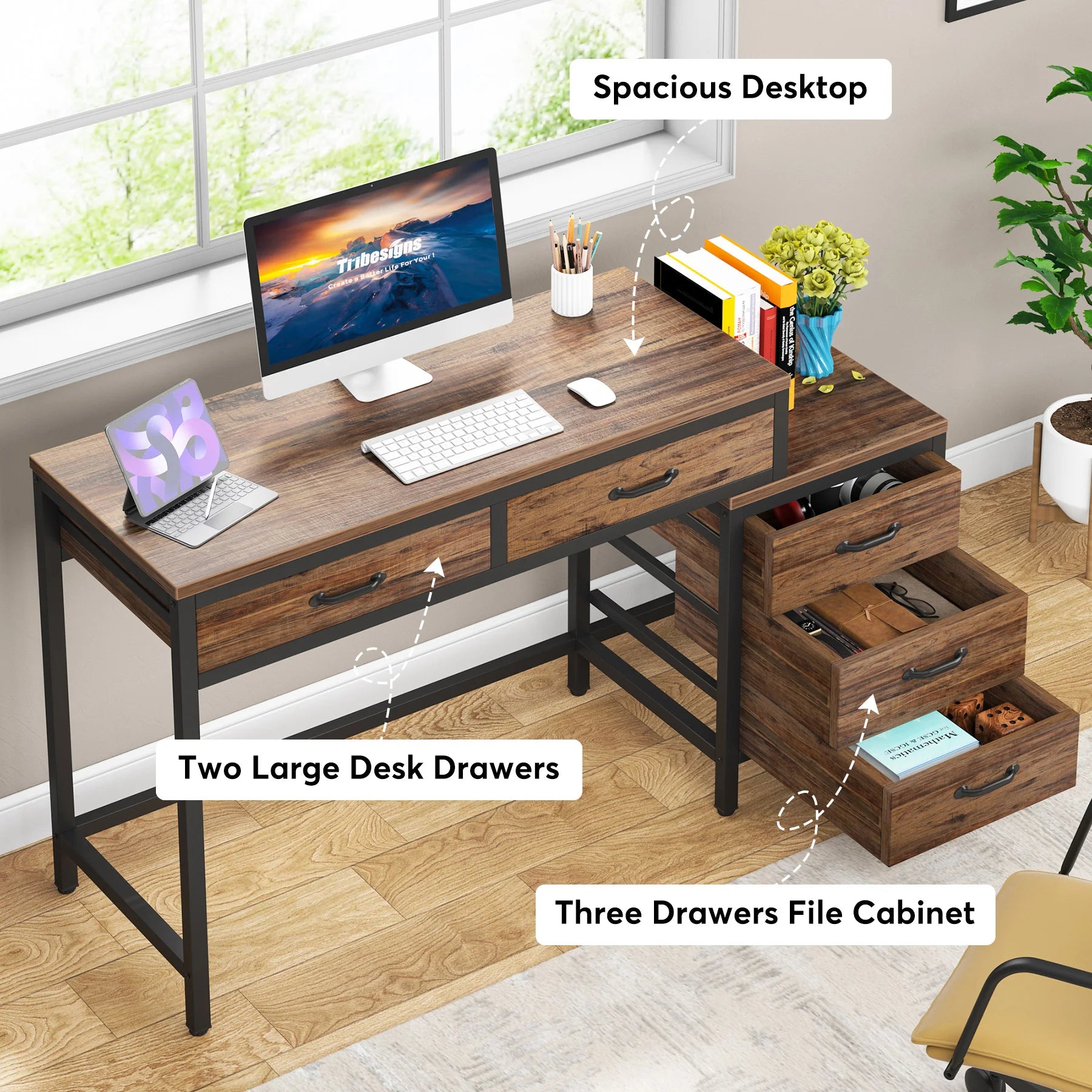 Industrial Computer Desk with 3 Drawers for Home Office — 59in Writing Table