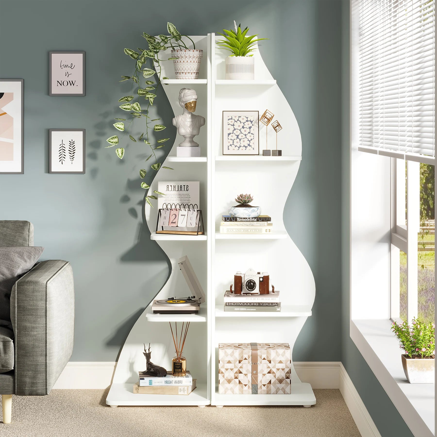 White Wave 5-Tier Corner Bookshelf with Curved Silhouette for Living Room — 65"H Floor Shelf