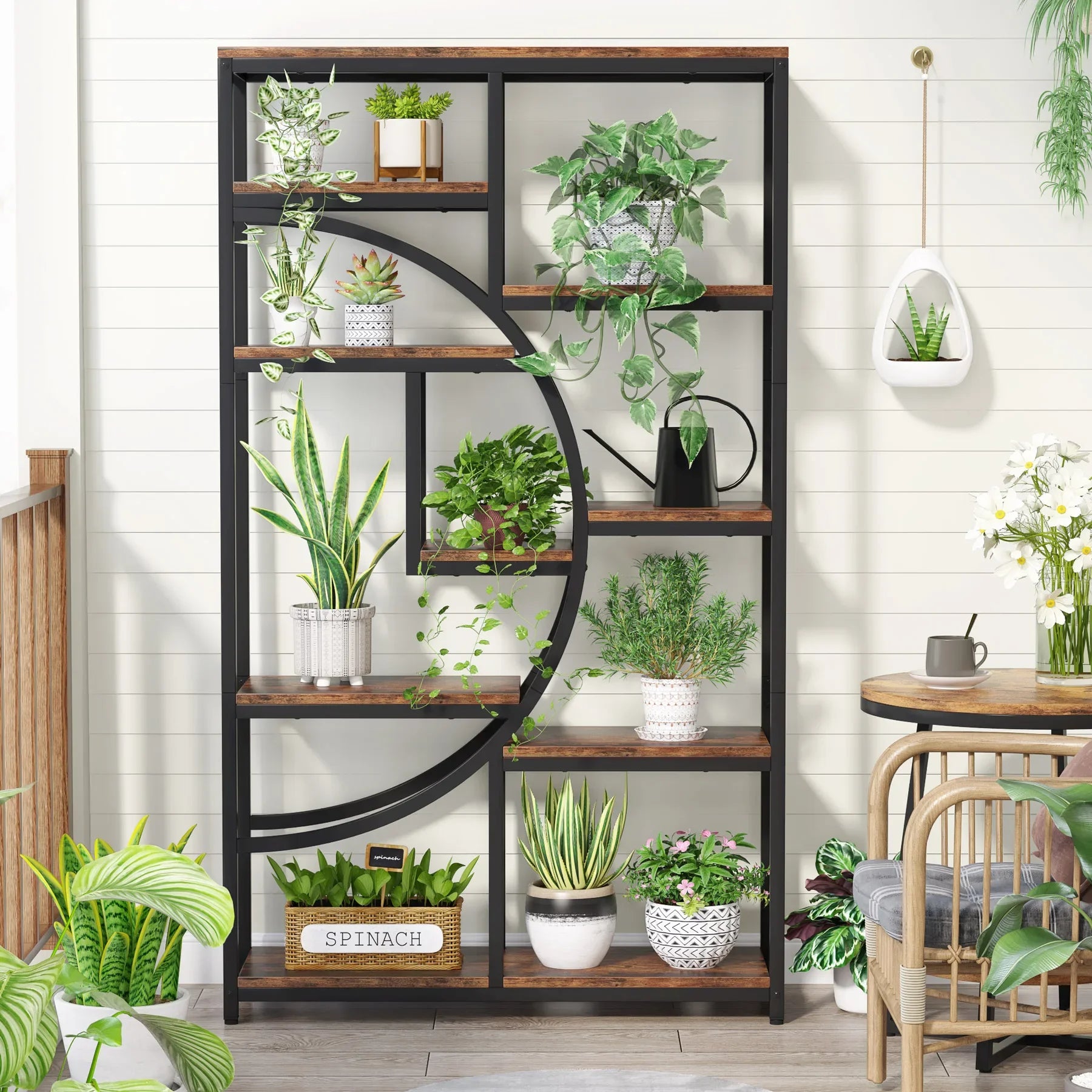 Industrial Etagere Bookcase with Curved Arc for Living Room — 71" Tall Freestanding