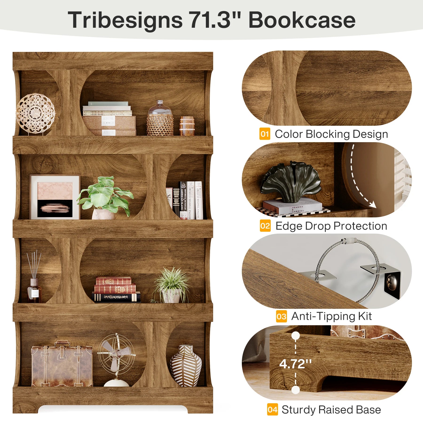 Two-Tone Curved Bookcase with Sculptural Cutout Shelves for Living Room — 71" Tall, 4 Tiers