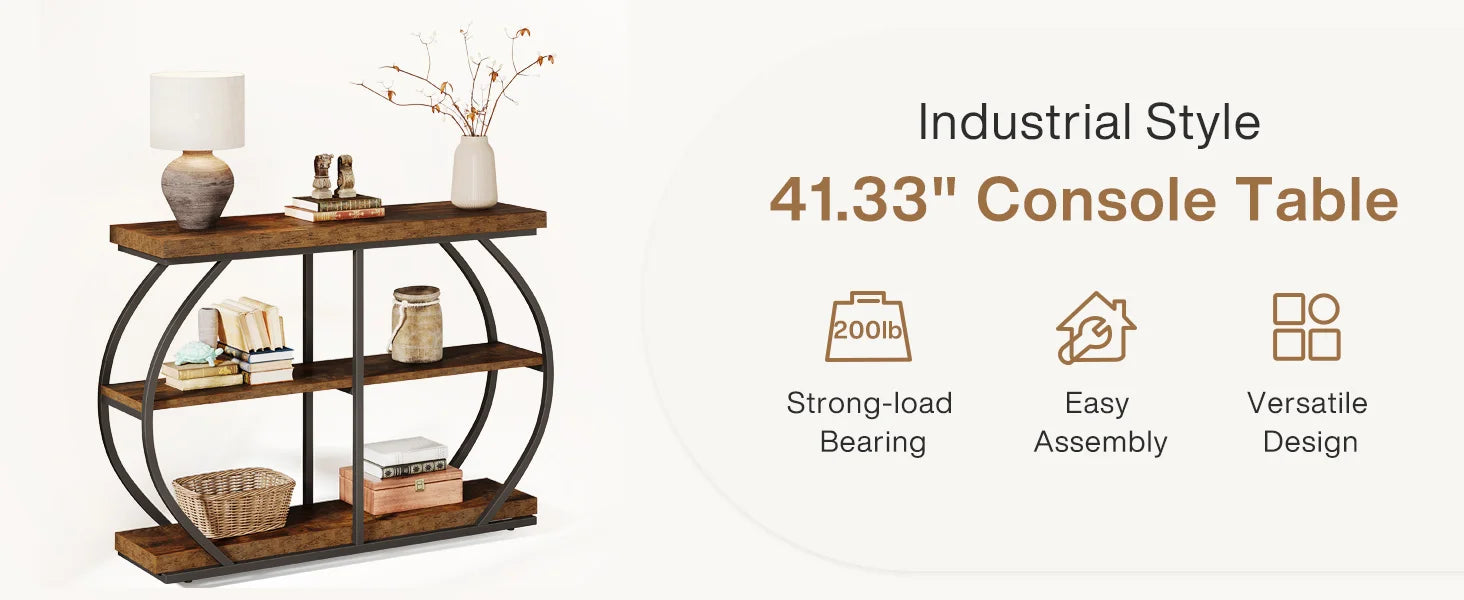 Rustic Industrial Console Table with Arched Metal Frame and 3 Storage Shelves for Entryway — 41 in