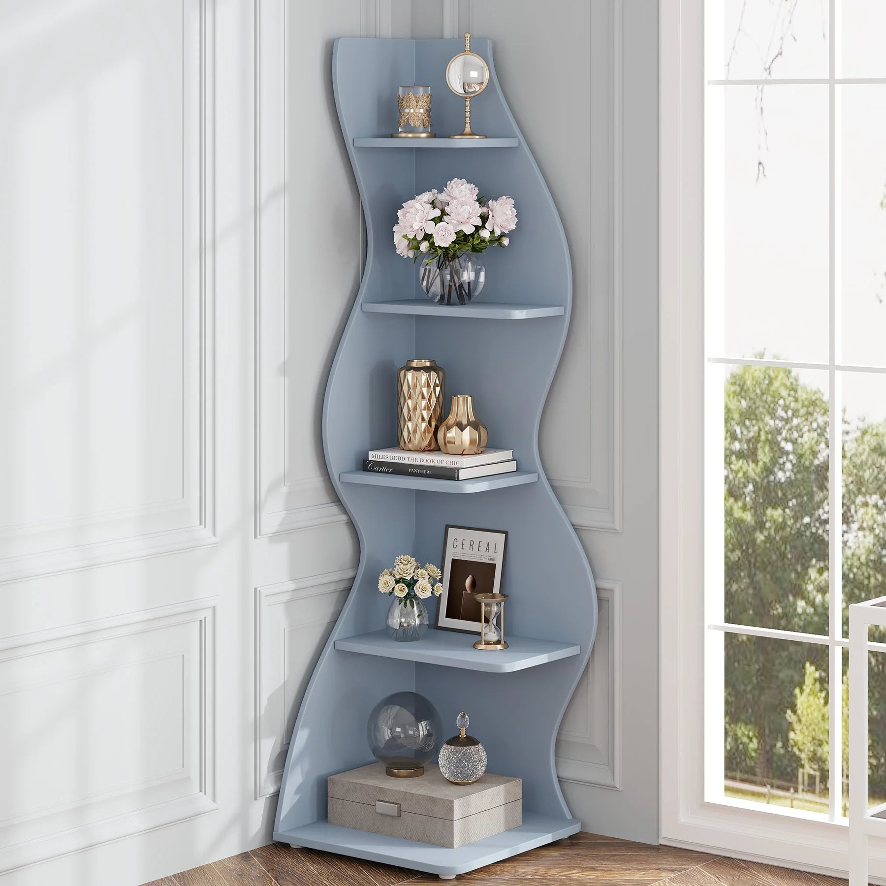 White Wave 5-Tier Corner Bookshelf with Curved Silhouette for Living Room — 65"H Floor Shelf