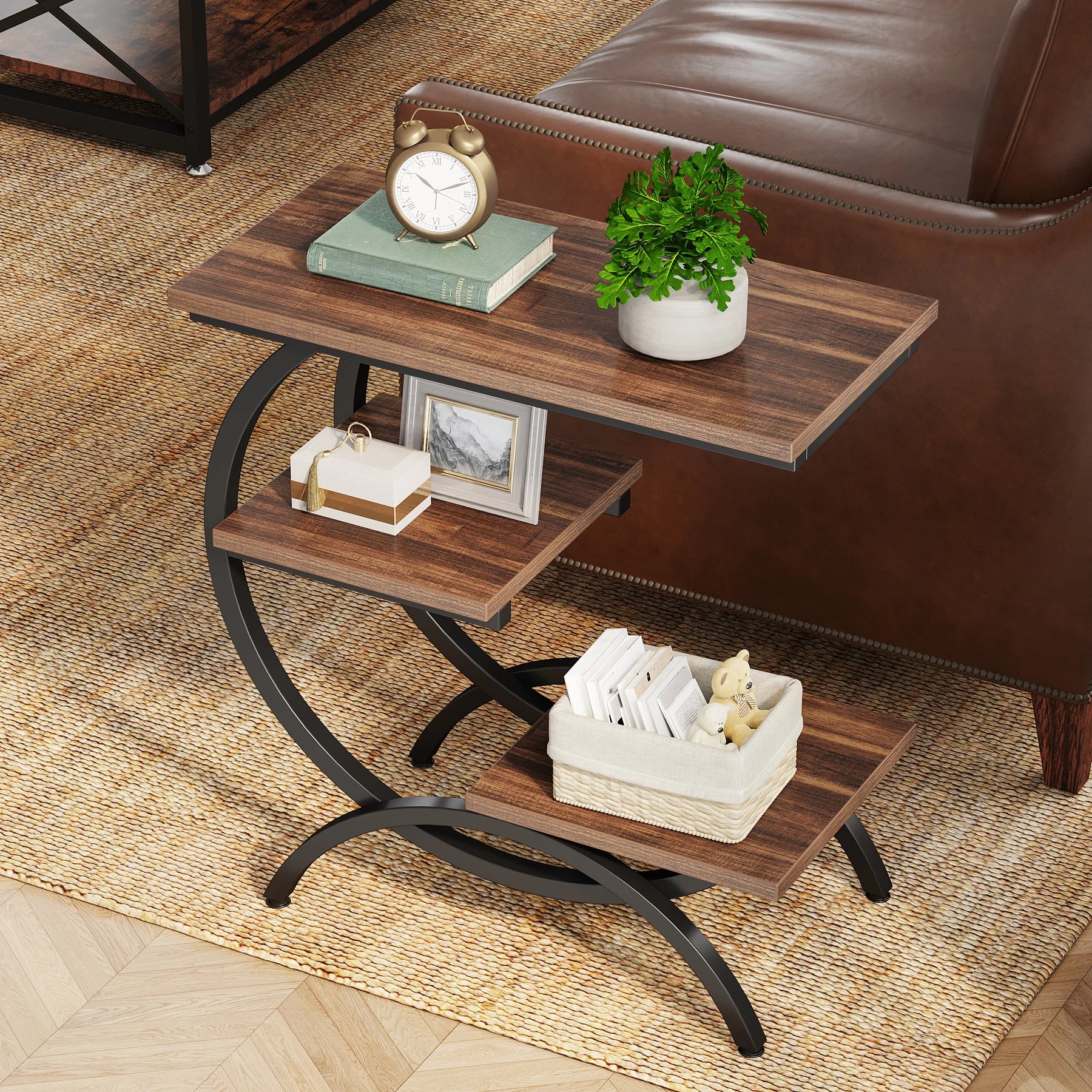 Industrial 3-Tier Side Table with Curved Metal Frame for Living Room — Rustic Brown Wood