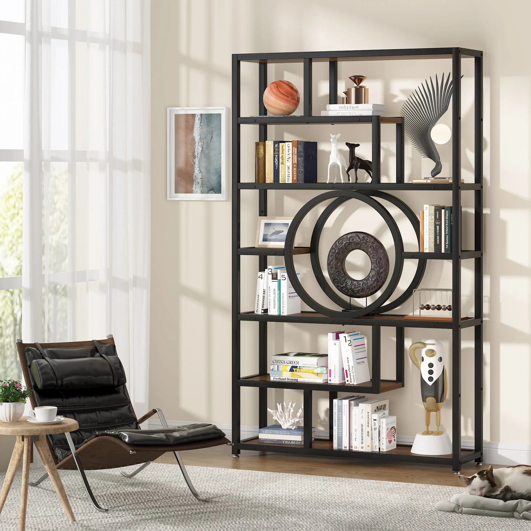 Industrial Etagere Bookcase with Curved Arc for Living Room — 71" Tall Freestanding