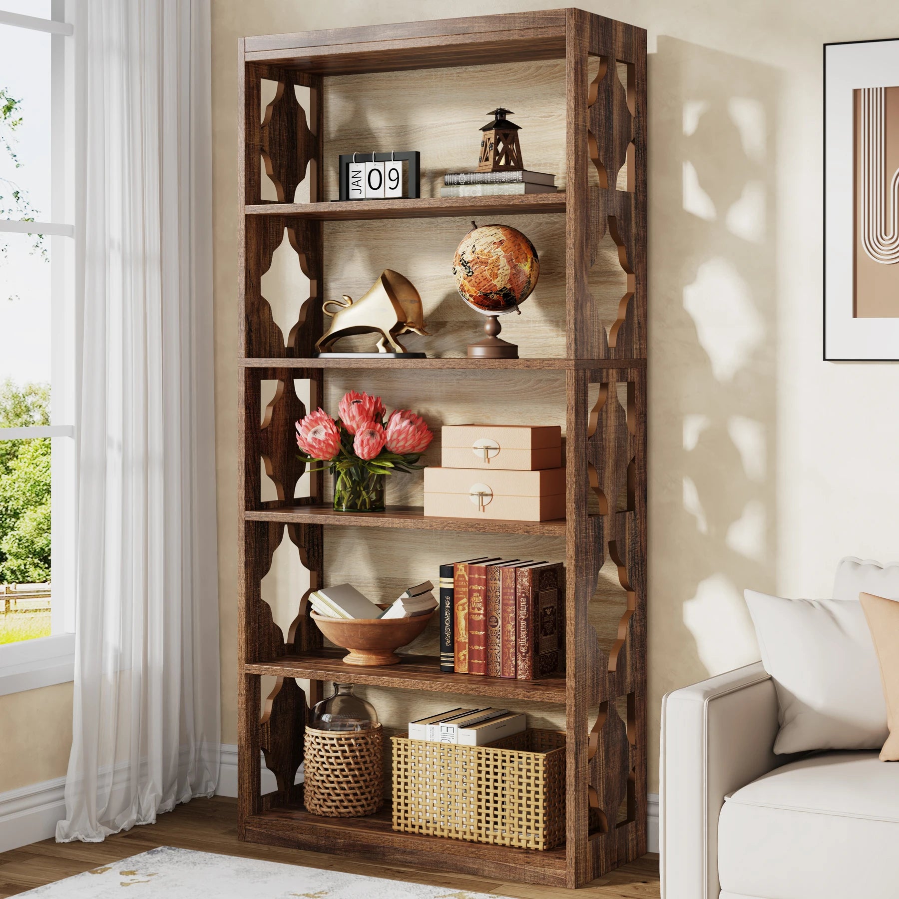 Industrial 6-Tier Bookcase with X-Frame for Living Room — 71in Tall Open Bookshelf