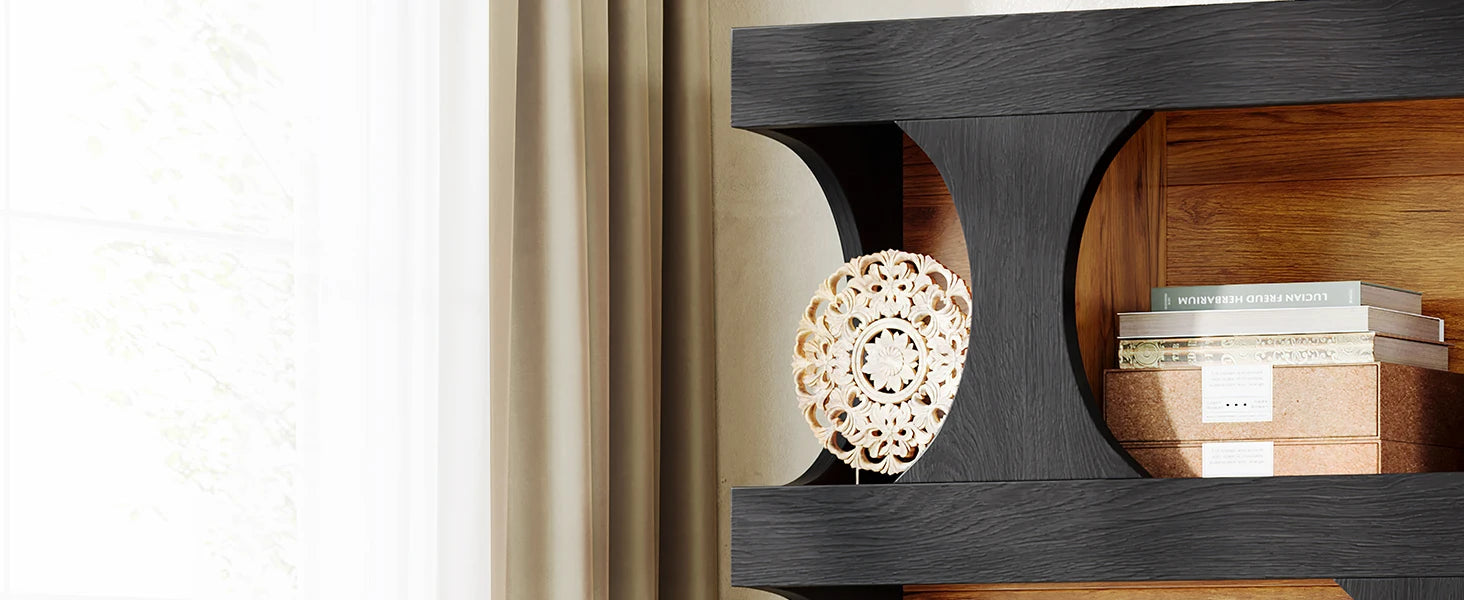 Two-Tone Curved Bookcase with Sculptural Cutout Shelves for Living Room — 71" Tall, 4 Tiers