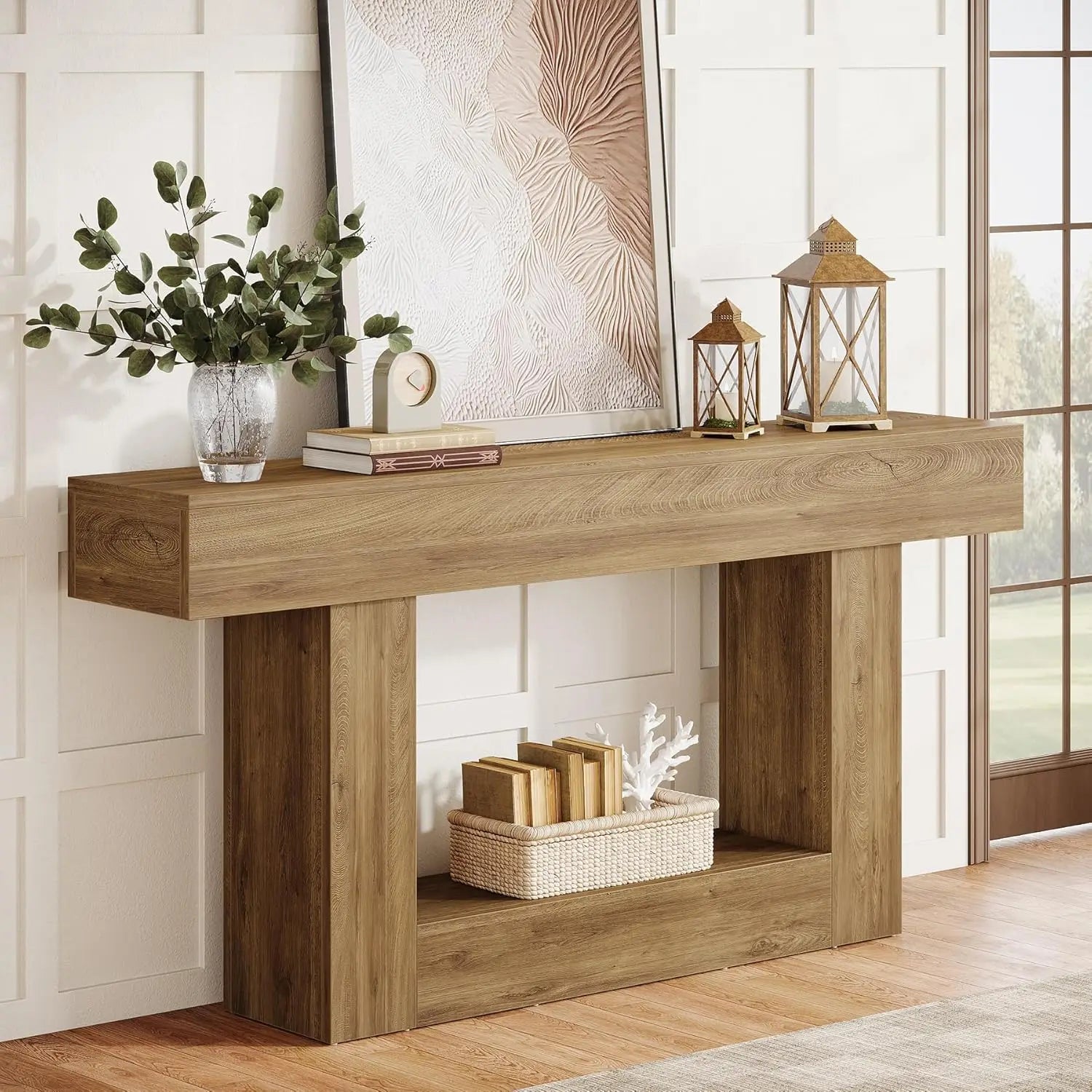 Two-Tone Farmhouse Console Table with Lower Shelf for Entryway — 63"